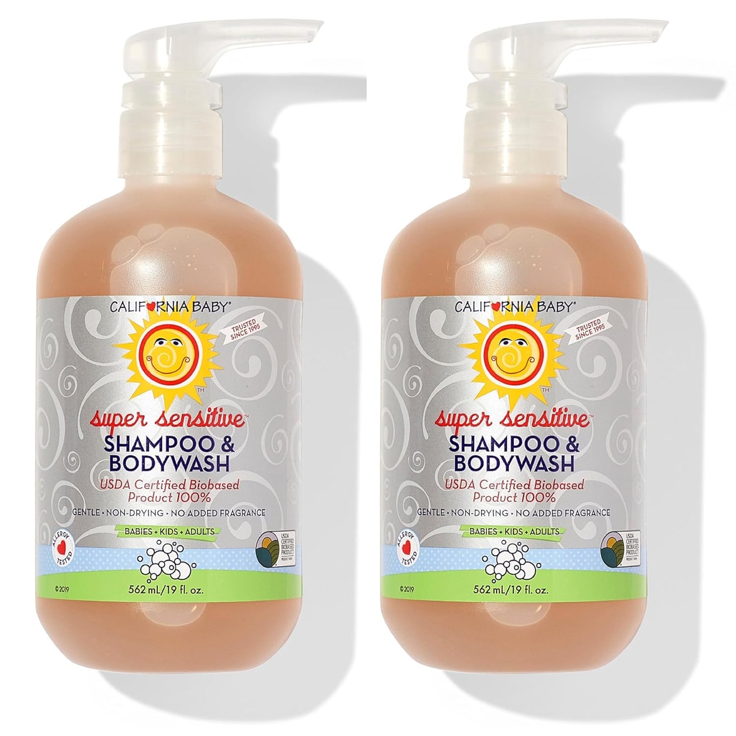 California Baby Super Sensitive Baby Shampoo and Body Wash | 100% Plant-Based | Gentle Fragrance Free Shampoo | Hypoallergenic | 19 Ounce (Pack of 2)