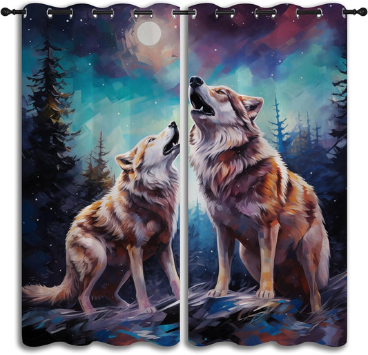 Wildlife Blackout Curtains for Boys Girl Bedroom Decor,Fantasy Starry Full Moon Wolf Howling Thermal Insulated Grommet Drapes Darkening Window Curtain for Living Room Home 84x72 inch