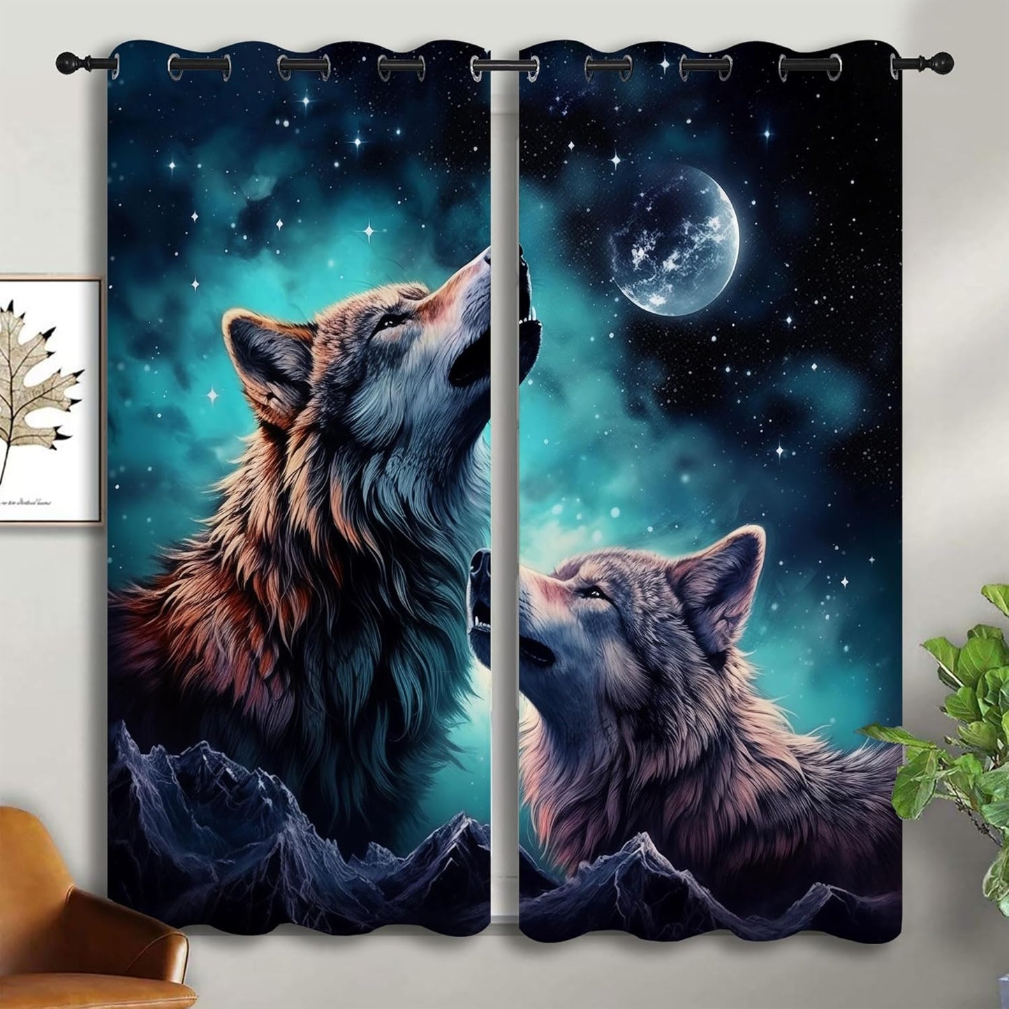 Wolf Blackout Curtains for Boys Girl Bedroom Decor,Starry Sky Howling Wolf Under The Full Moon Thermal Insulated Grommet Drapes Darkening Window Curtain for Living Room Home 42x45 inch