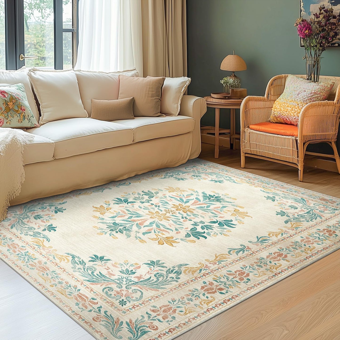 jinchan Floral 4x6 Area Rugs for Nursery - Machine Washable Vintage Distressed Design Soft Ultra-Thin Low-Pile Non-Slip Kids Carpet for Bedroom Living Room Dining Room Home Office (4x6ft,Apricot)