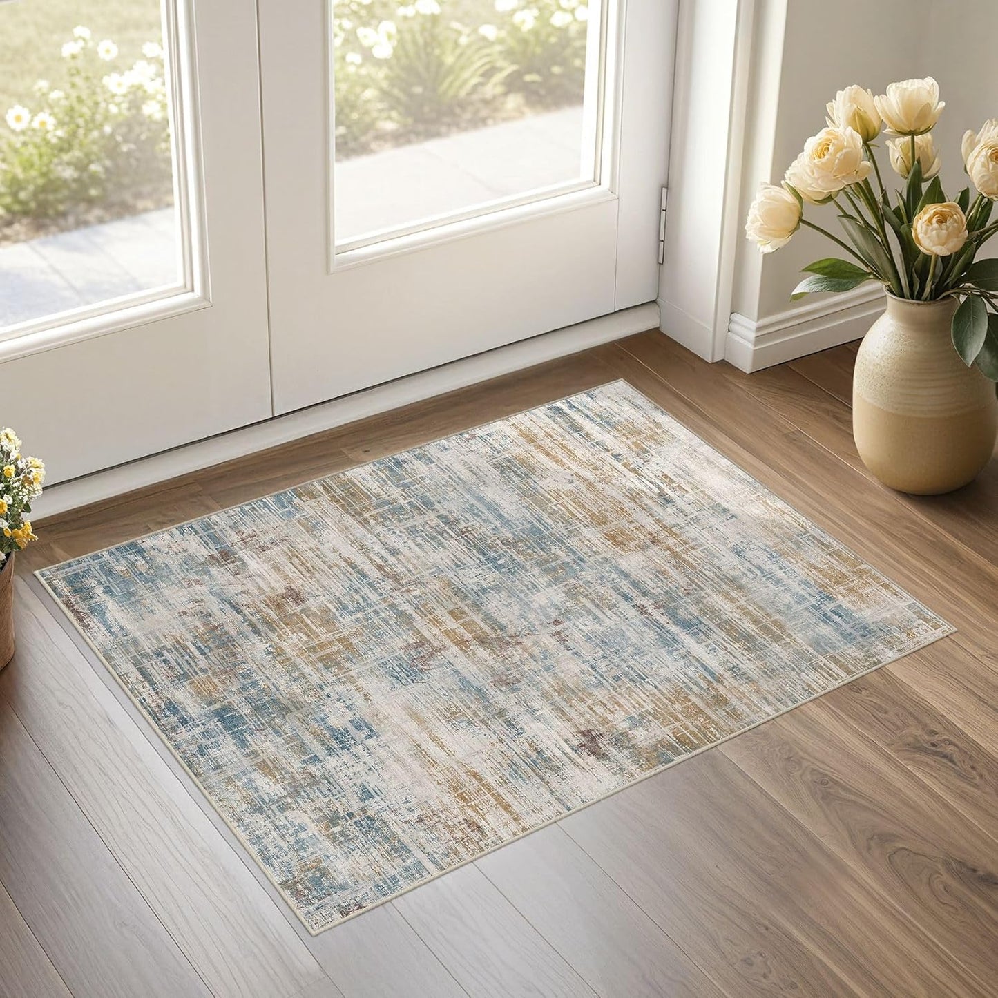 2x3 Entryway Area Rugs: Washable Neutral Abstract Small Rug Door Mat Non-Slip Soft Low Pile Indoor Carpe for Entrance Kitchen Front Door Bathroom Entry Kids Room - Blue Brown