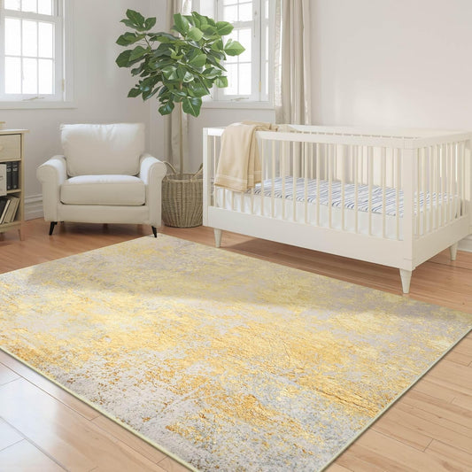 Nursery Rug for Baby Girl, 5x7 Gold Washable Rugs for Living Room Bedroom Dorm Non Slip, Stain Resistant Neutral Carpet Low Pile for Classroom, Dining Room, Kids Playroom