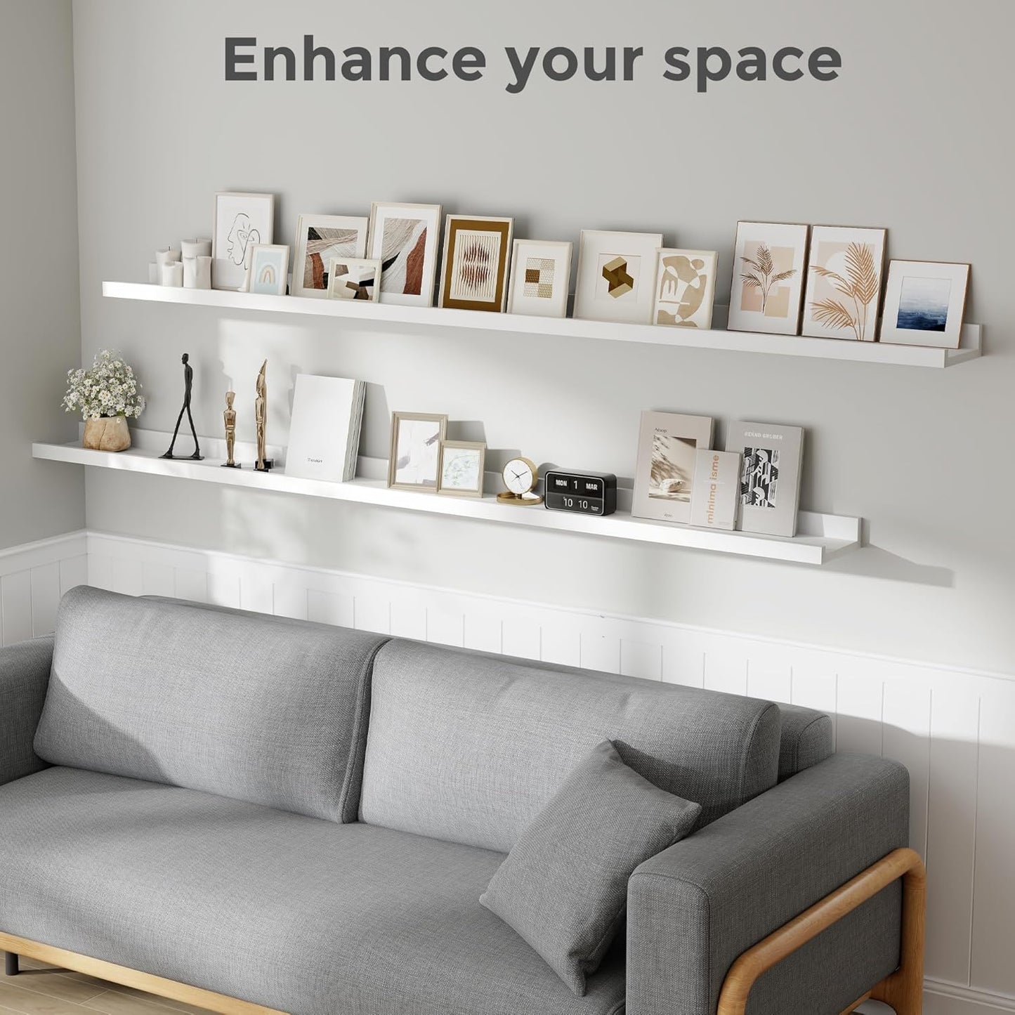 Fun Memories 72 Inch White Picture Shelves for Wall with Ledge, Natural Wood Floating Shelves with Lip, Set of 2, Farmhouse Rustic Wall Shelf Photo Shelf Nursery Bookshelf for Living Room, Kids Room