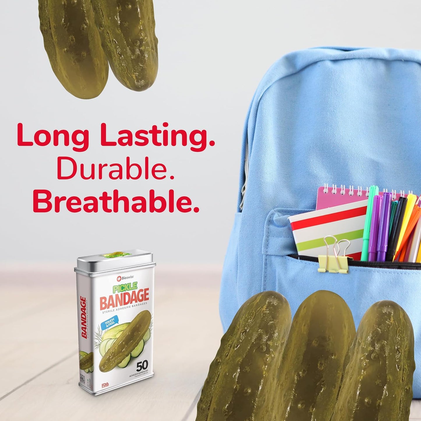 BioSwiss Bandages, Pickle Shaped Self Adhesive Bandage, Latex Free Sterile Wound Care, Fun First Aid Kit Supplies for Kids, 50 Count