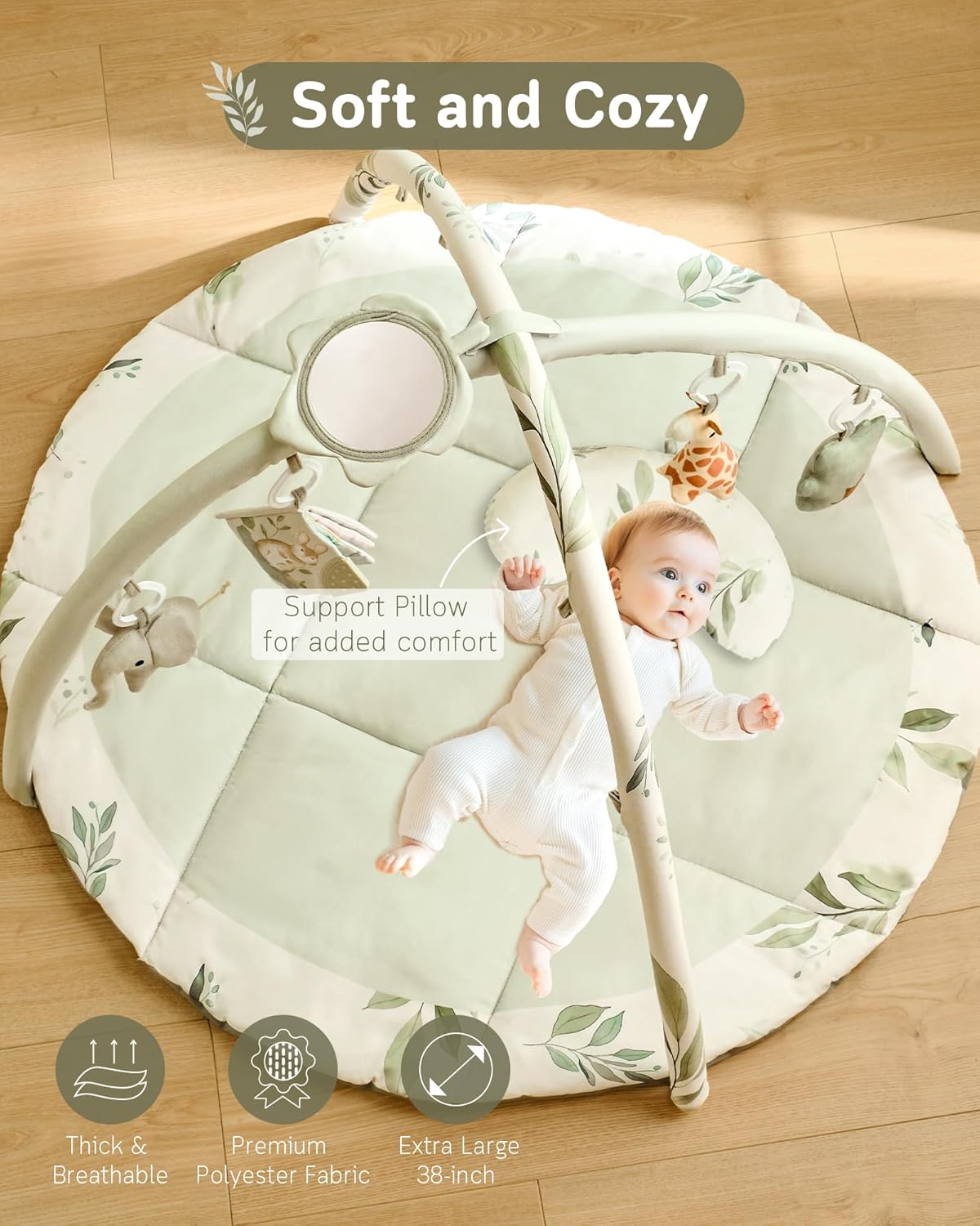 Fortella Baby Play Gym & Activity Mat, Tummy Time Mat w 5 Detachable Toys and Pillow, Large Sensory Playmat for Floor, Newborn Infant Baby Essentials Shower Gift 0-3-6-9-12 Months (Sage Green)