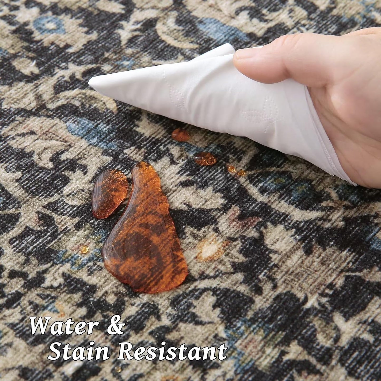 Washable 4x6 Rugs for Living Room, Boho Non-Slip Silicone Backing Small Rugs for Bedroom Nursery Office, 0.3" Neutral Oriental Throw Carpet with 0.16" Cushioning Pad, Black/Multi