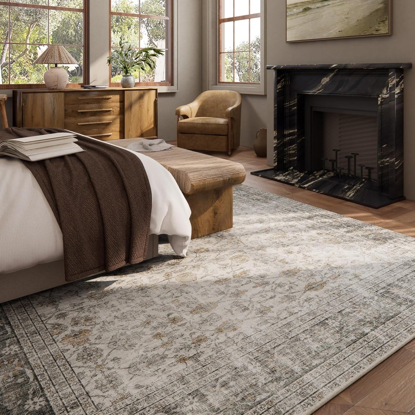 Machine Washable Rugs for Living Room: 9x12 Area Rugs for Bedroom Vintage Stain Resistant Non Slip Low Pile Soft Boho Carpet for Kitchen Dining Room Farmhouse Kids Room Nursery