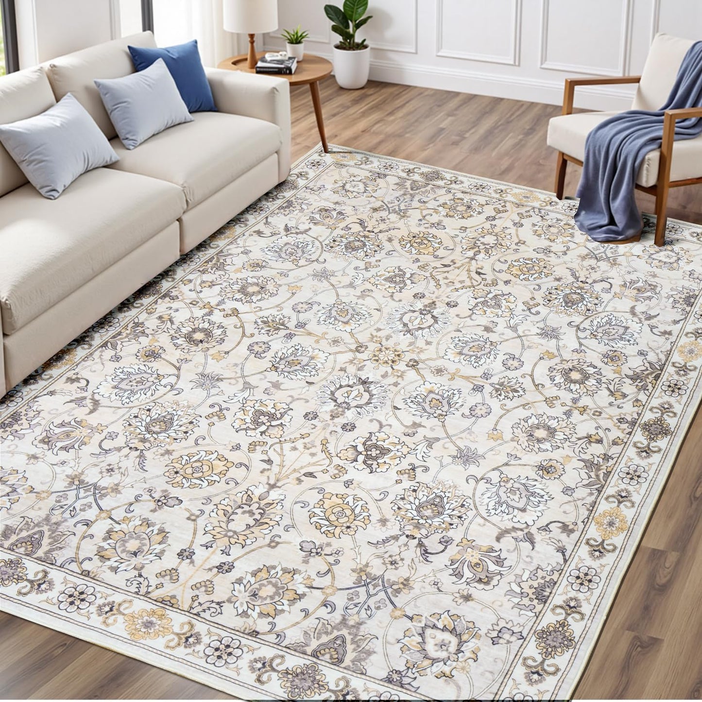 6x9 Area Rug for Living Room & Bedroom, Washable Non-Slip Vintage Rugs, Neutral Floral Soft Carpet, Low Pile Wool Carpets for Indoor Dining Home Office Playroom Under Table, Beige