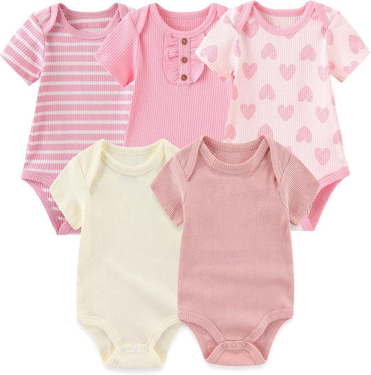 Newborn Baby Short Sleeve Bodysuit Cotton One-Piece Baby Clothes 5-Pack, 0-12 Months