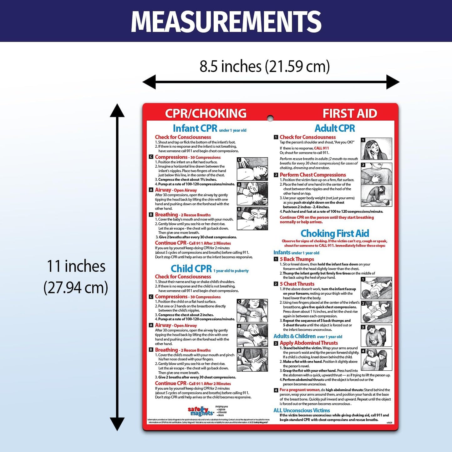 Safety Magnets by ZOCO – CPR & Choking Fridge Magnet (20-Pack) – First Aid Instructions for Infants, Children, & Adults – Heimlich Maneuver Laminated Card 8.5" x 11"