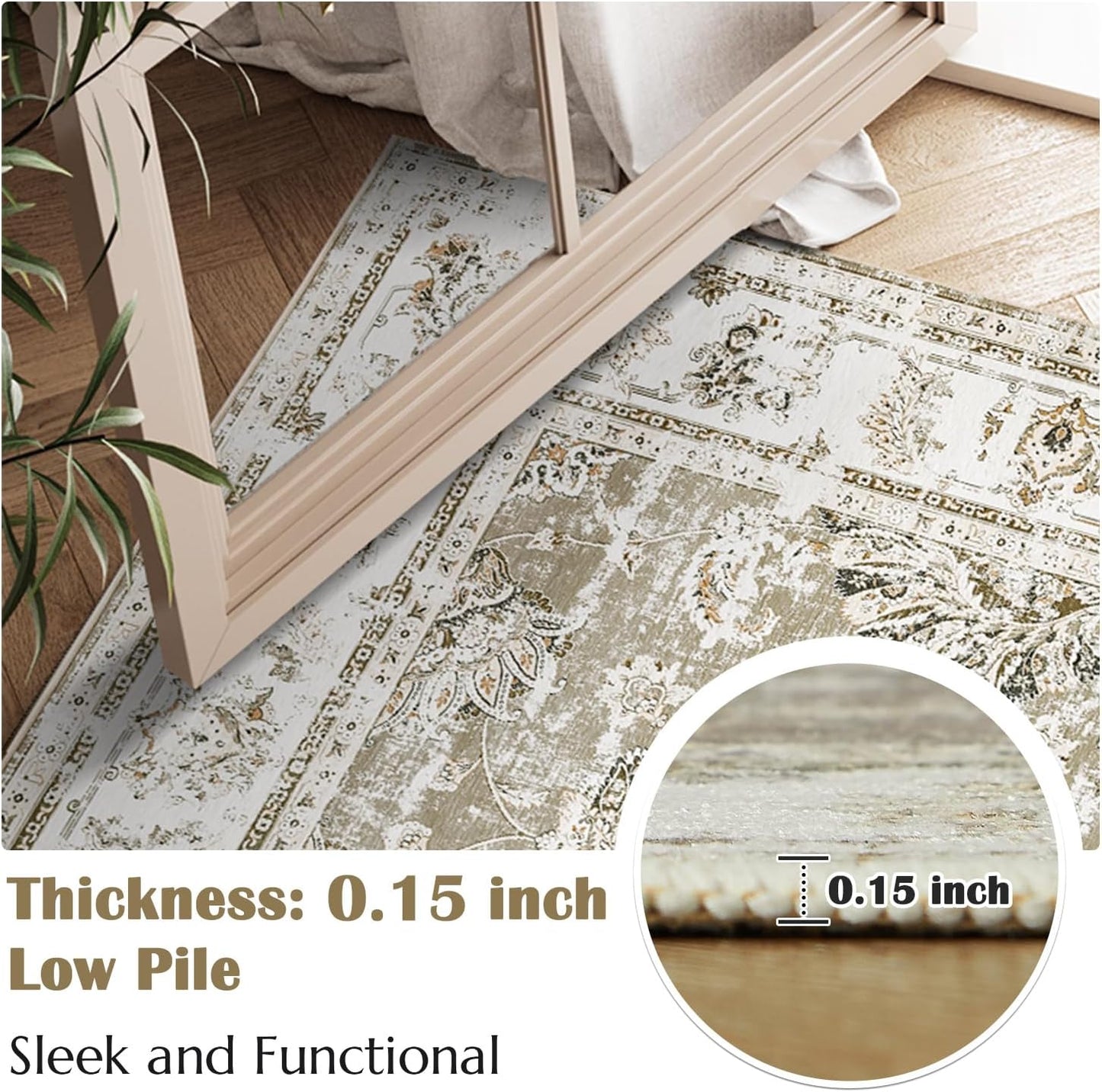 jinchan Runner Rug 2x6 Machine Washable Hallway Rug Taupe Vintage Floral Print Non-Slip Low Pile Ultra-Thin for Kitchen,Entryway,Laundry Room,Bedroom,Farmhouse (2‘x6’,Taupe)