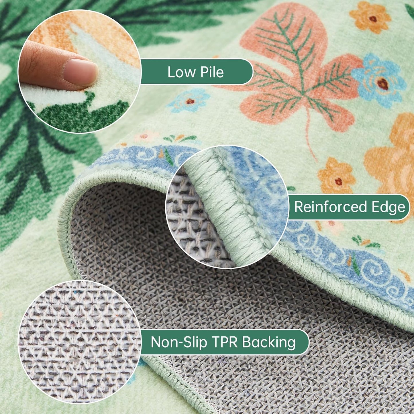 Farmhouse Rugs for Living Room 5x7 Sage Green Floral Faux Fur Low Pile Non Slip Washable Botanical Area Rug Stain Resistant Soft Vintage Carpet Rug for Bedroom Office Dining Room Kids Playroom Spring