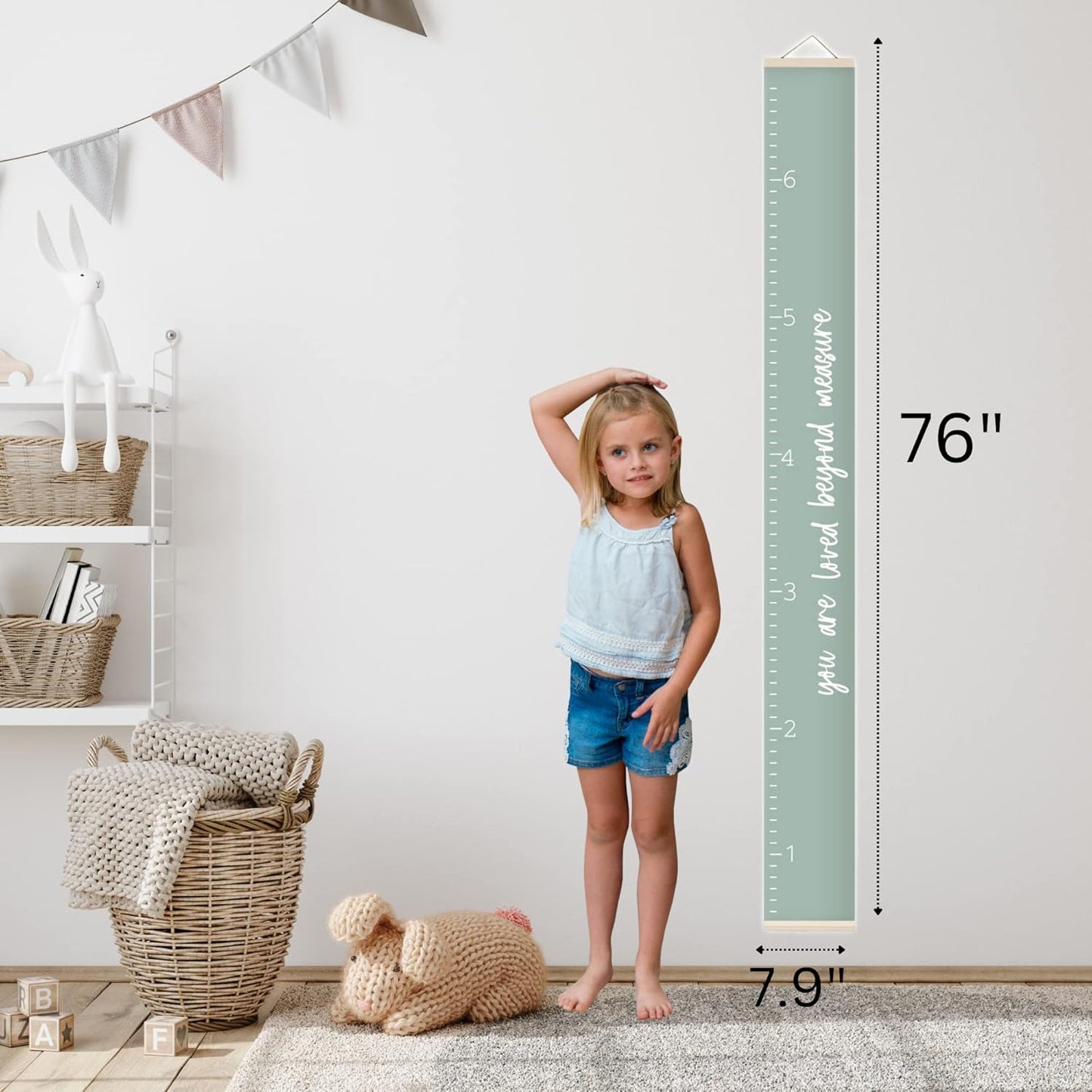 Morxy Canvas Growth Chart for Kids - Unisex Kids Room Wall Decor - Measuring Height Chart- Wall Tape with Height Chart for Kids (Canvas, Loved Beyond Measure- sage)