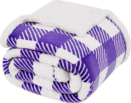 Touchat Sherpa Plaid Twin Blanket 60" X 70", Fuzzy Fluffy Soft Cozy Throw Blanket, Twin Size Plush Fleece Flannel Plush Microfiber Blanket for Couch Bed Sofa (PurpleWhite)