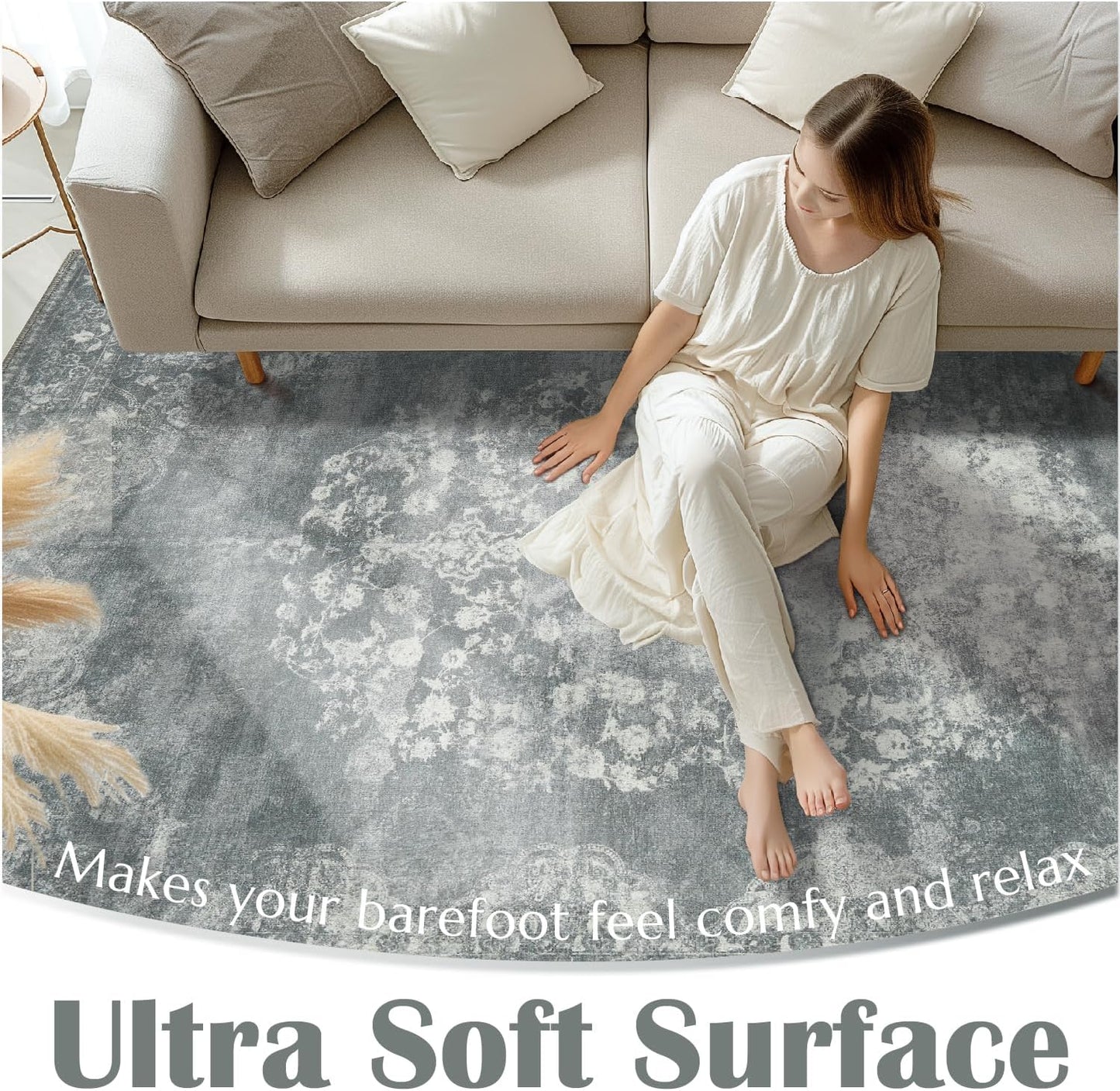 jinchan Washable Area Rug 8x10 for Living Room - Soft Faux Wool Ultra-Thin Stain Resistant Non-Slip Distressed Vintage Floral Large Carpet for Bedroom,Dining Room,Home Office,Nursery(Grey, 8'x10')