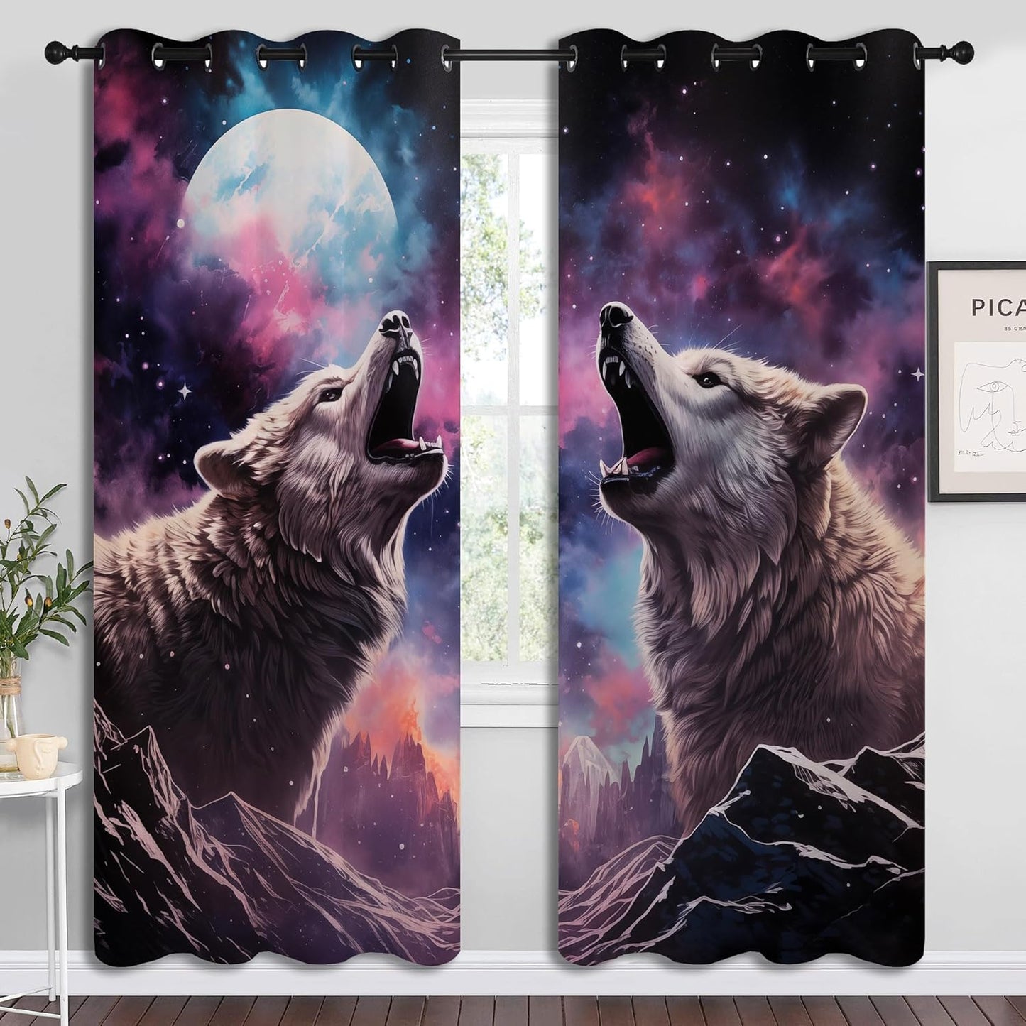 Wolf Blackout Curtains for Boys Girl Bedroom Decor,Fantasy Starry Sky Galaxy Forest Wildlife Thermal Insulated Grommet Drapes Darkening Window Curtain for Living Room Home 72x63 inch