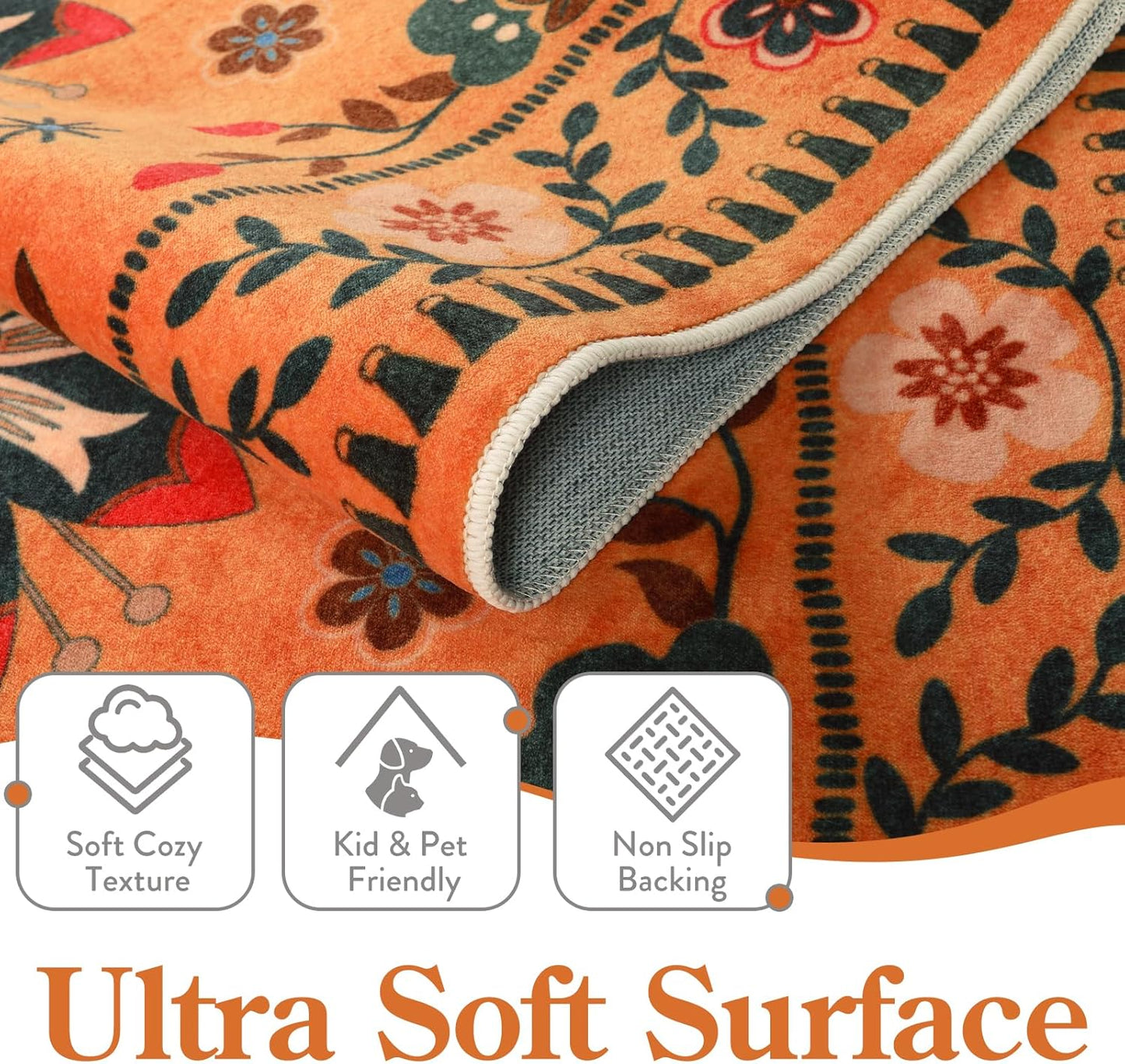 Moynesa Washable Area Rugs 5x7, Ultra Thin Soft Rugs for Living Room Bedroom Non Slip, Indoor Boho Bird Patterned Orange Floral Throw Carpet for Playroom Office Kitchen Stain Resistance