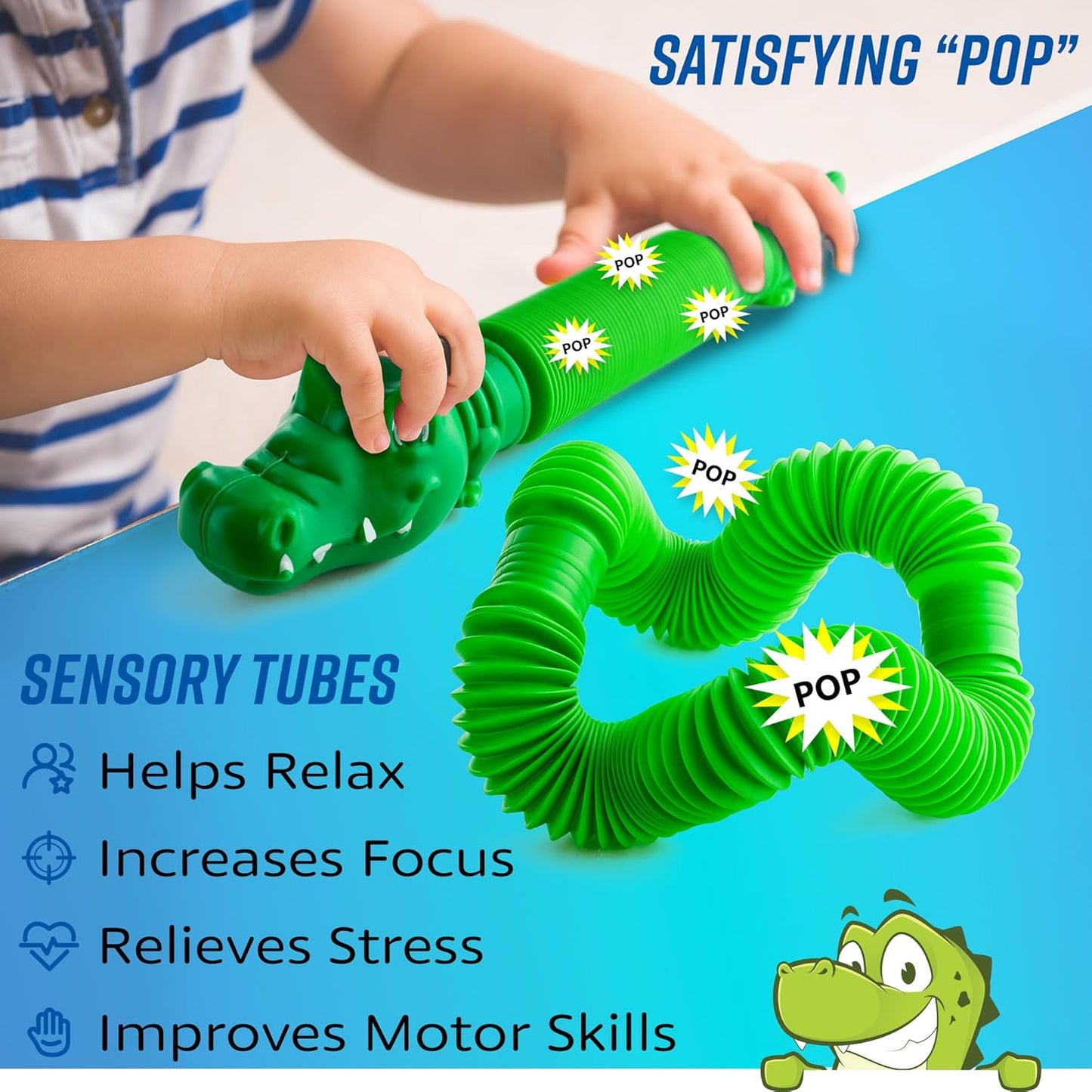 Pop Tubes Gator Pop Tube - Sensory Tubes Fidget Toy - Fun Alligator Toys for Toddlers & Kids All Ages - Best Fidgets Popping Fidget Tubes Pop Toys for Boys & Girls - Mini Pop It Pack Party Favor Gifts