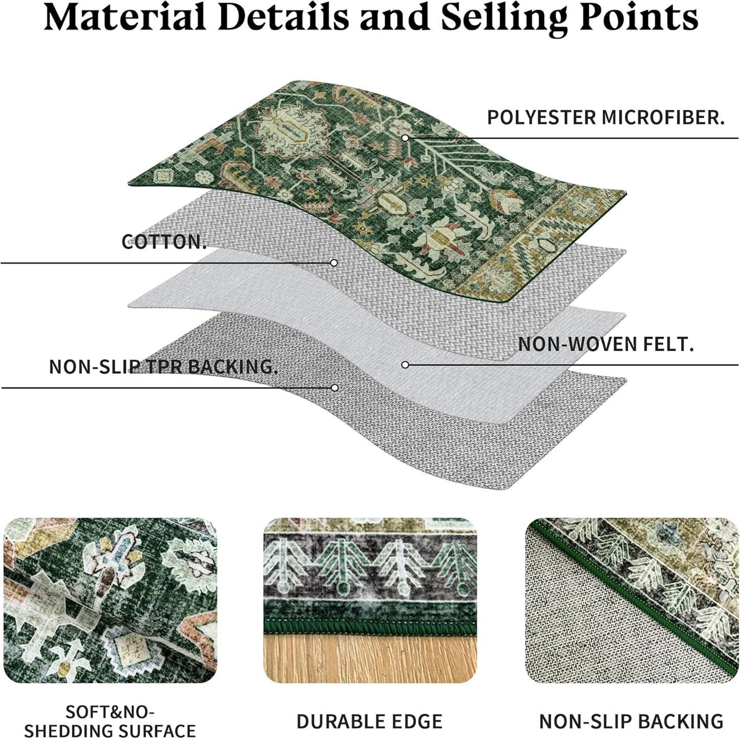 5x8 Area Rug Washable: Oriental Soft Area Rug for Living Room Bedroom No Shedding - Low Pile Thin Carpet Rug for Dining Room Non Slip - Boho Vintage Rug for Home Decor - Retro Forest Green