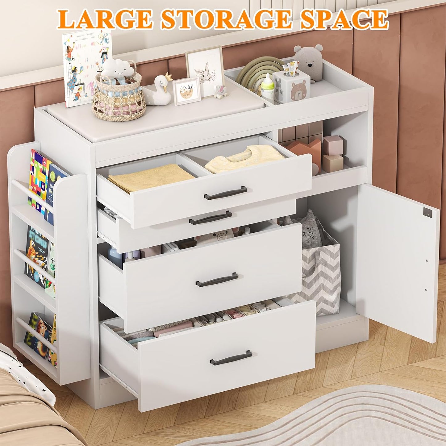 Bigbiglife Changing Table Dresser, Baby Nursery Dresser with 4 Drawers & 1 Cabinet & 3 Open Shelves Storage, Modern Diaper Changing Station for Children's Room, Changing Pad Included, White