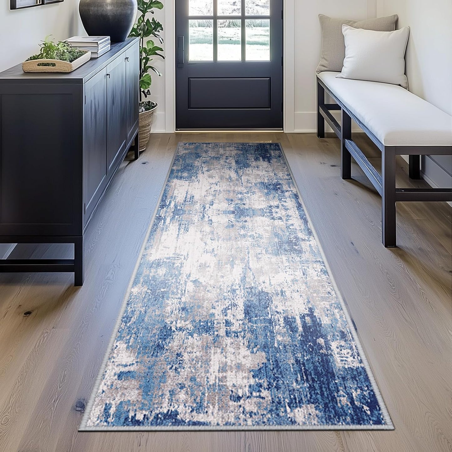 Washable Area Rugs 2'x6' Non-Slip Modern Abstract Soft for Living Room Entryway Bedroom Nursery, Print Pattern, Blue Grey Navy Gray