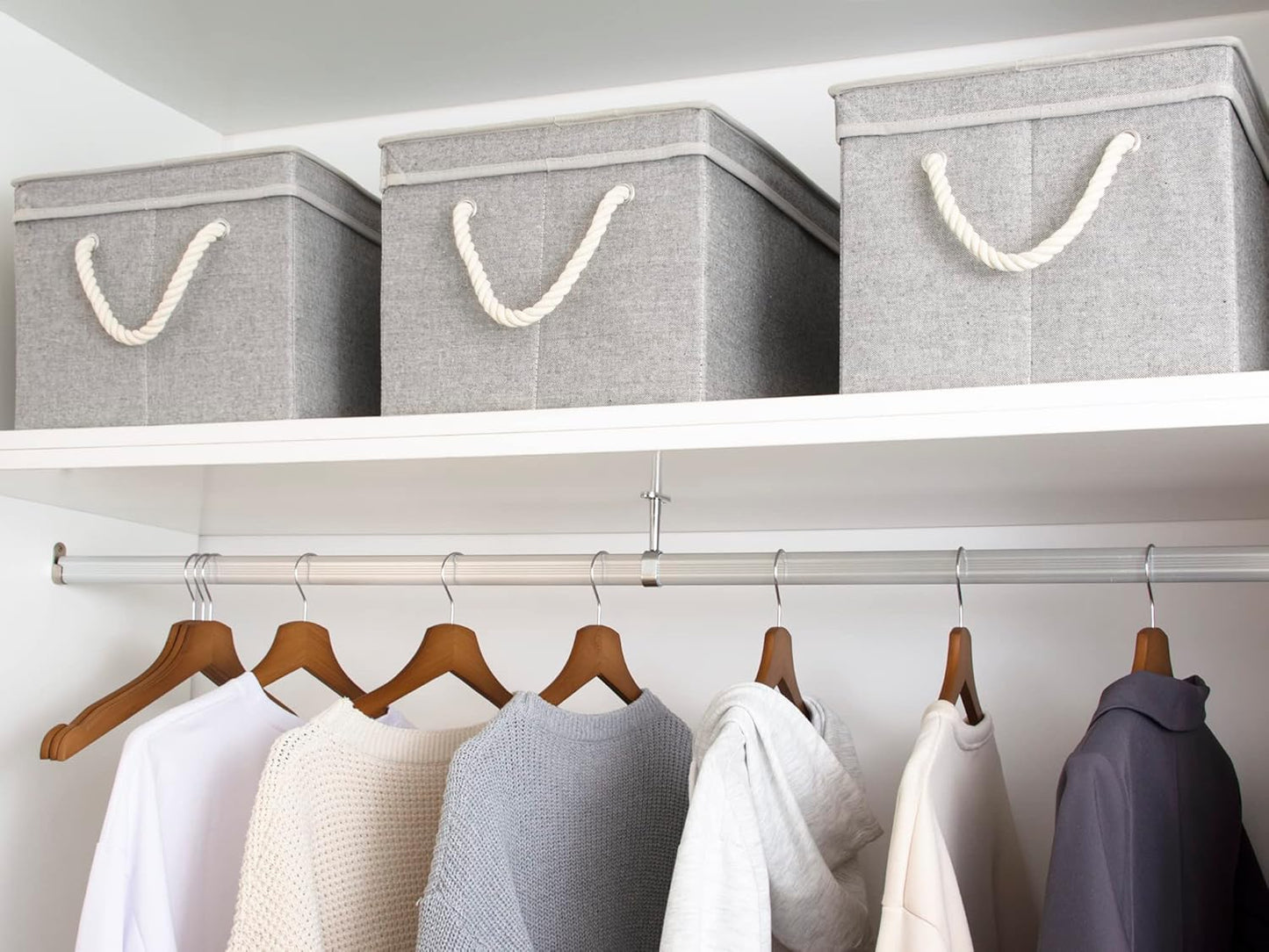 StorageWorks Storage Bins with Lids, Decorative Storage Boxes with Lid and Soft Rope Handles, Foldable Storage Baskets for Closet, Shelves, Stackable, Gray, Jumbo, 3-Pack