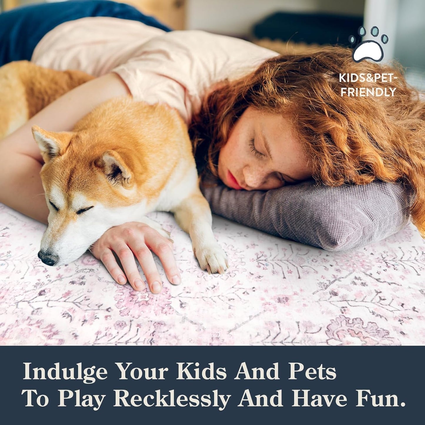 Lahome Nursery Rug 5x7, Soft Kids Rugs for Cozy Bedroom, Washable Boho Purple Carpet for Toddlers Girls Room, Non Shedding Non Slip Pastel Floral Print Thin Simple Carpets