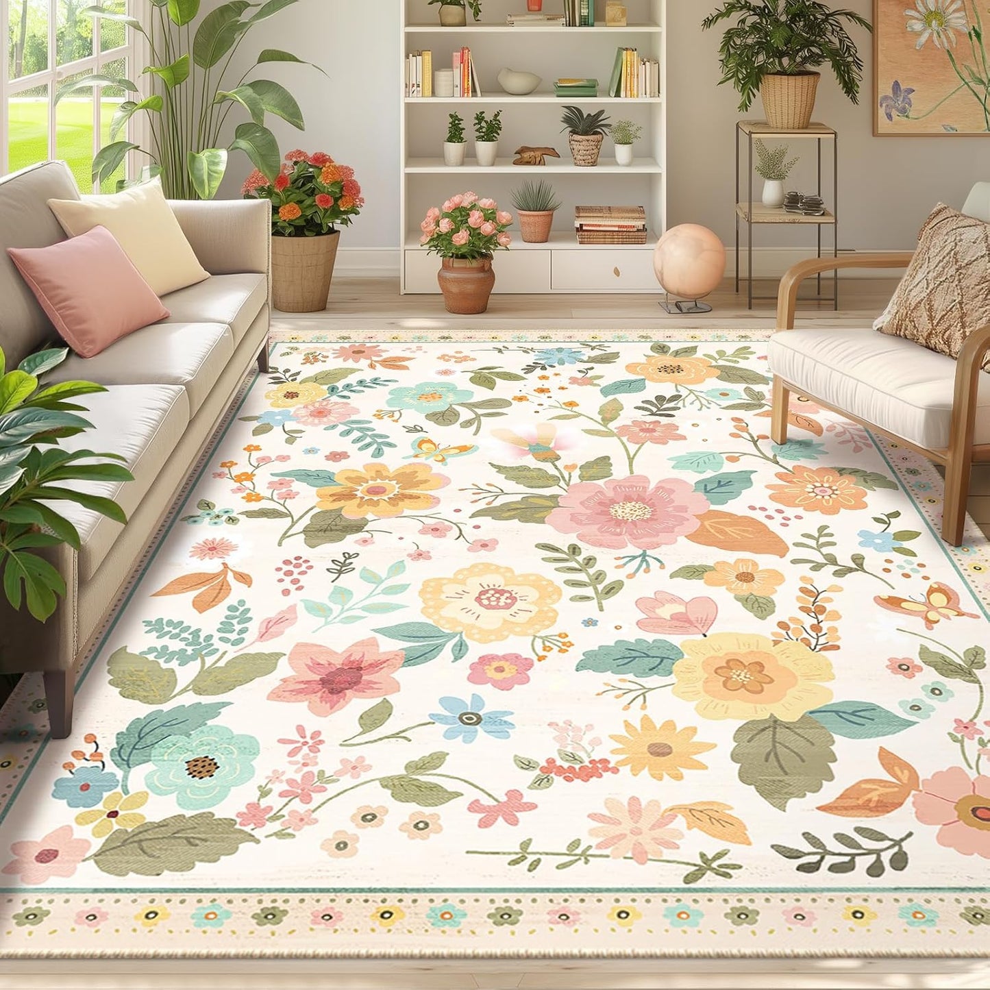 Floral 8x10 Area Rug Machine Washable Soft Print Boho Carpet Non Slip Doormat Low Pile Flower Area Rugs for Living Room Bedroom Nursery Kitchen Dining Room Indoor-Beige/White/Orange