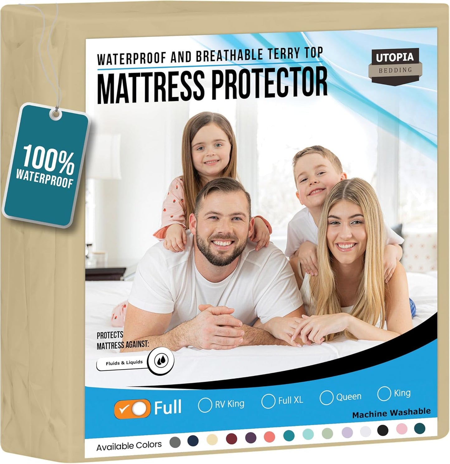 Utopia Bedding Waterproof Mattress Protector Full Size, Premium Terry Mattress Cover 200 GSM, Breathable, Fitted Style with Stretchable Pockets (Beige)
