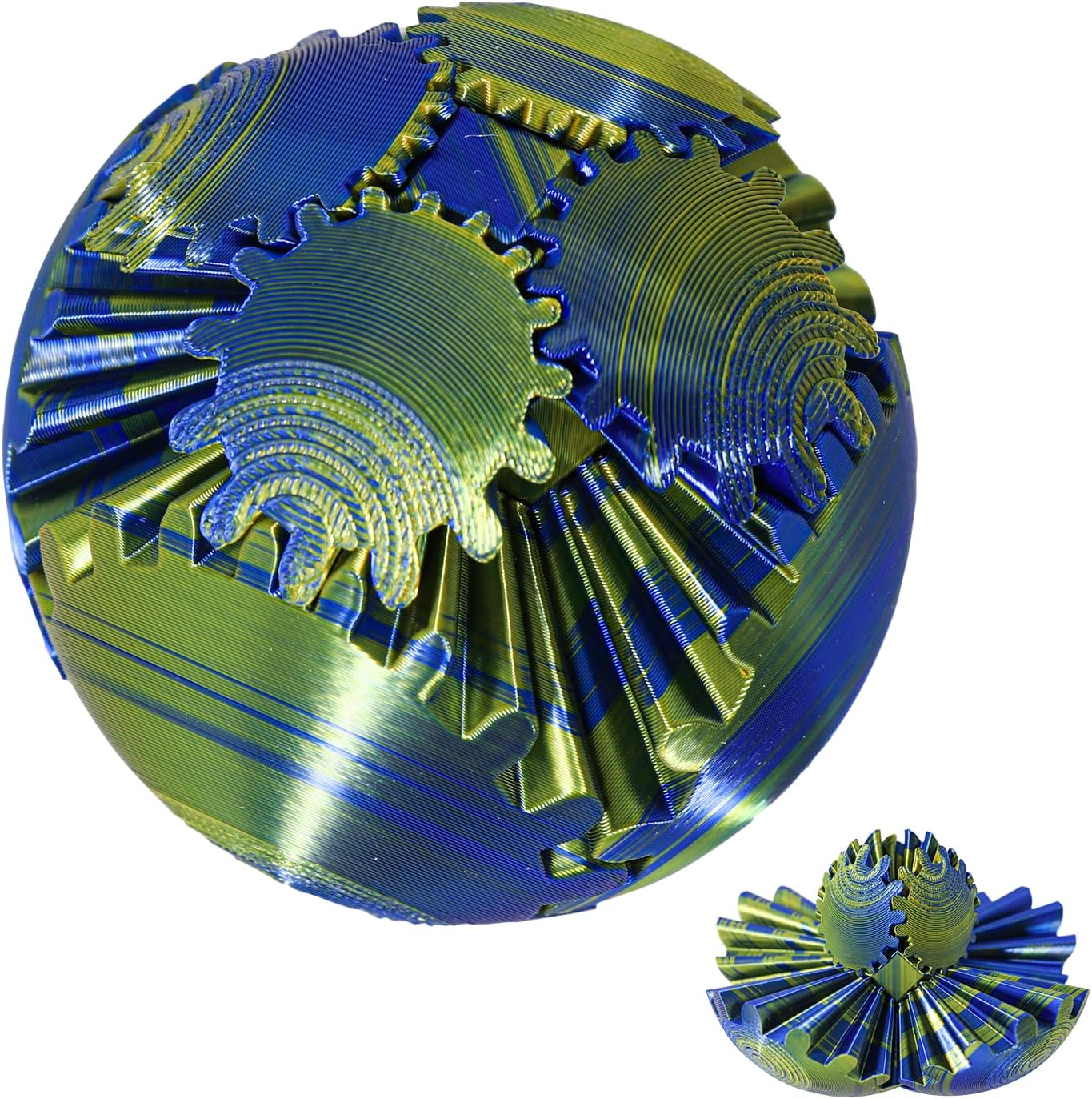 Gear Ball 3D Printed Gear Ball Fidget Toy, Spin Ball or Cube Fidget Toy ,Stress Ball Gear Sphere Desk Toy for Stress Anxiety (Blue+Yellow)