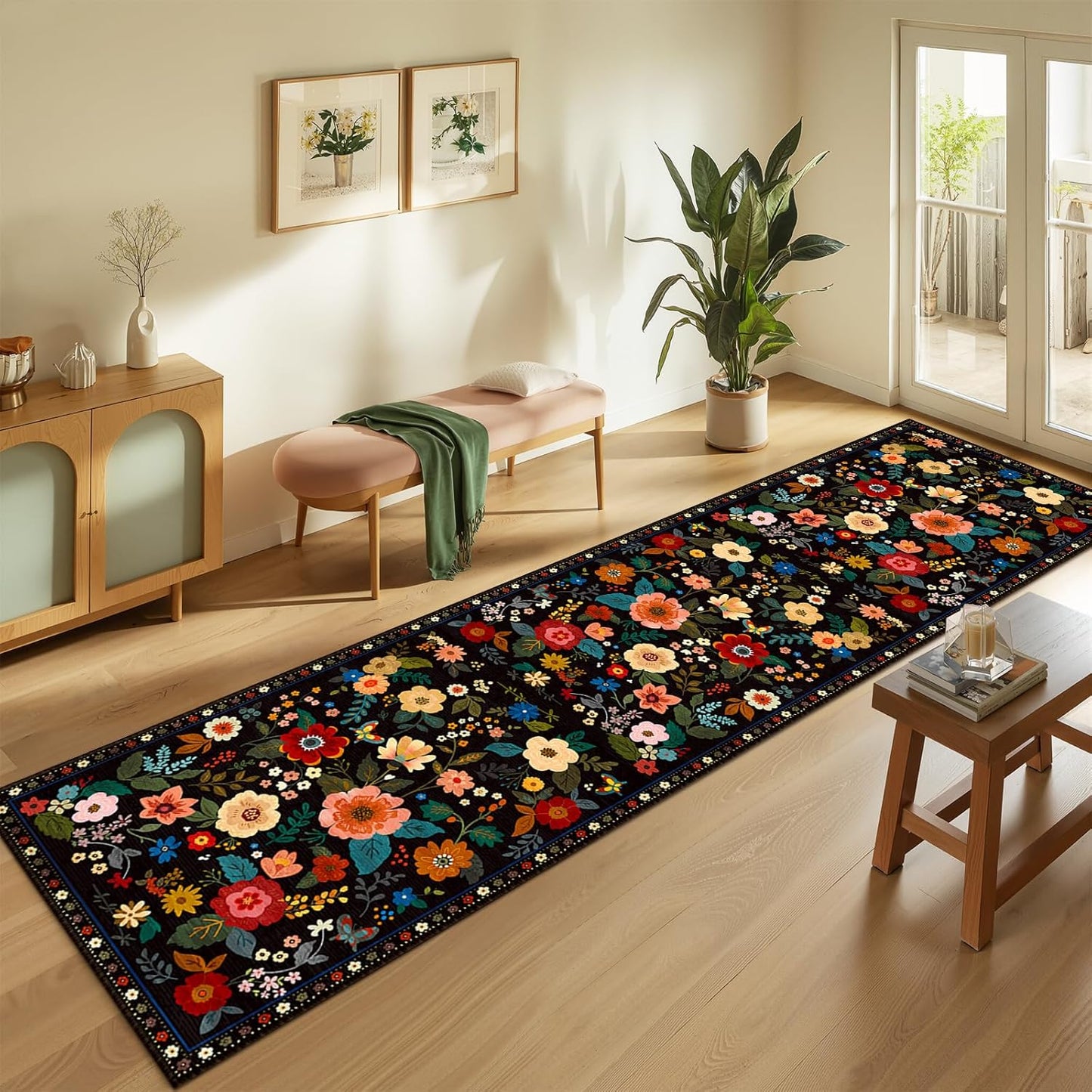 Floral 2x10 Area Rug Machine Washable Soft Print Boho Carpet Non Slip Doormat Low Pile Flower Area Rugs for Living Room Bedroom Nursery Kitchen Dining Room Indoor-Black