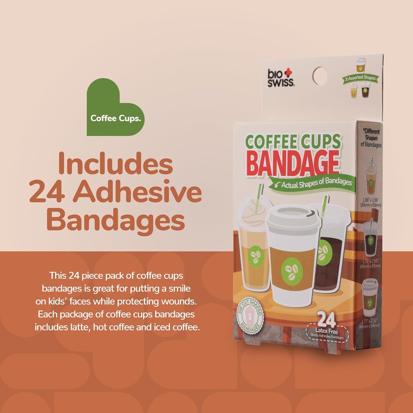 BioSwiss Bandages, Coffee Cup Shaped Self Adhesive Bandage, Latex Free Sterile Wound Care, Fun First Aid Kit Supplies for Kids, 24 Count