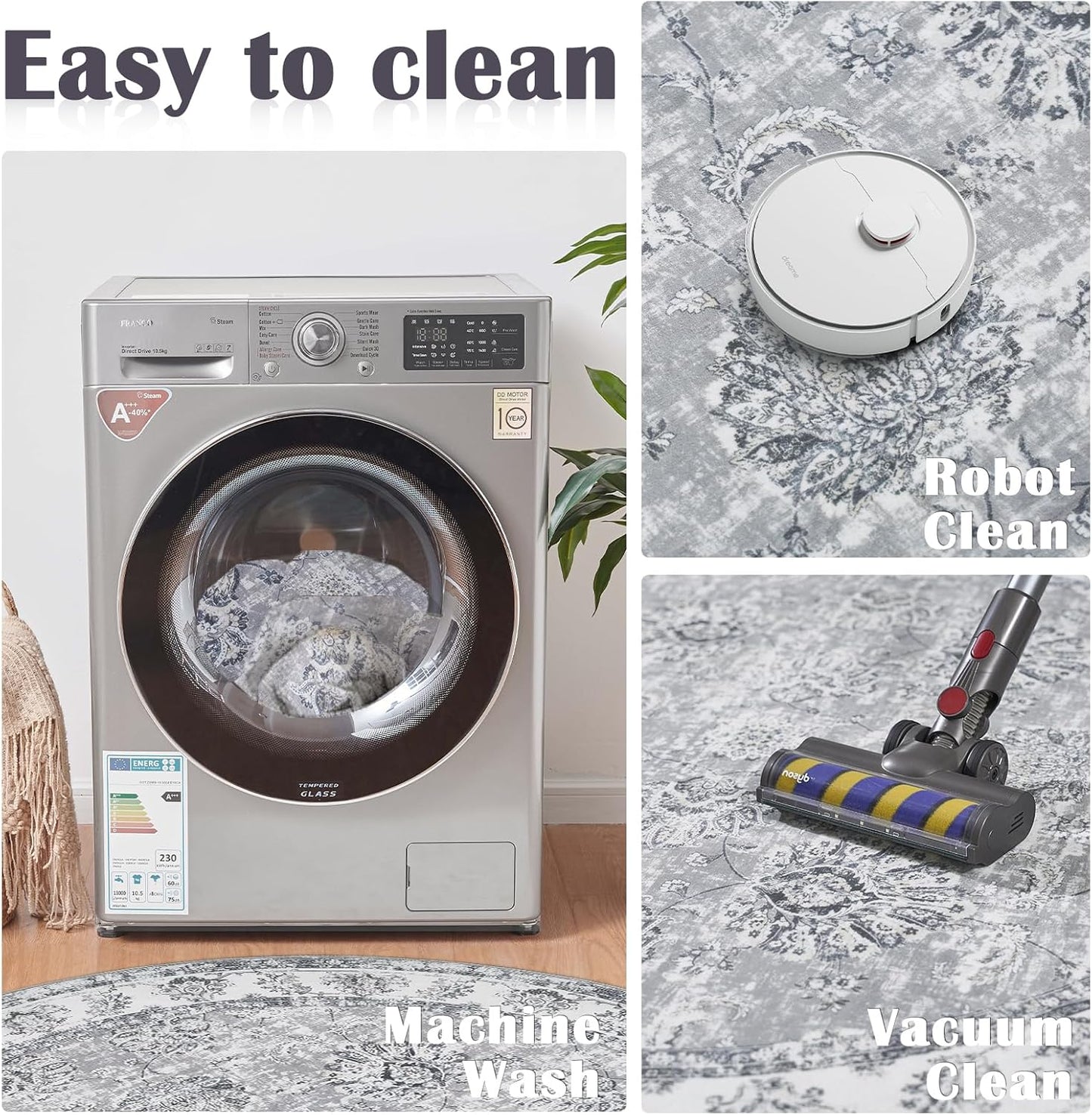 jinchan Round Rug 7ft Area Rug - Grey Vintage Floor Mat Kitchen Indoor Ultra-Thin Soft Floral Print - Washable Circle 7' Retro Accent for Farmhouse Non Slip Dining Room Living Room Bedroom Office