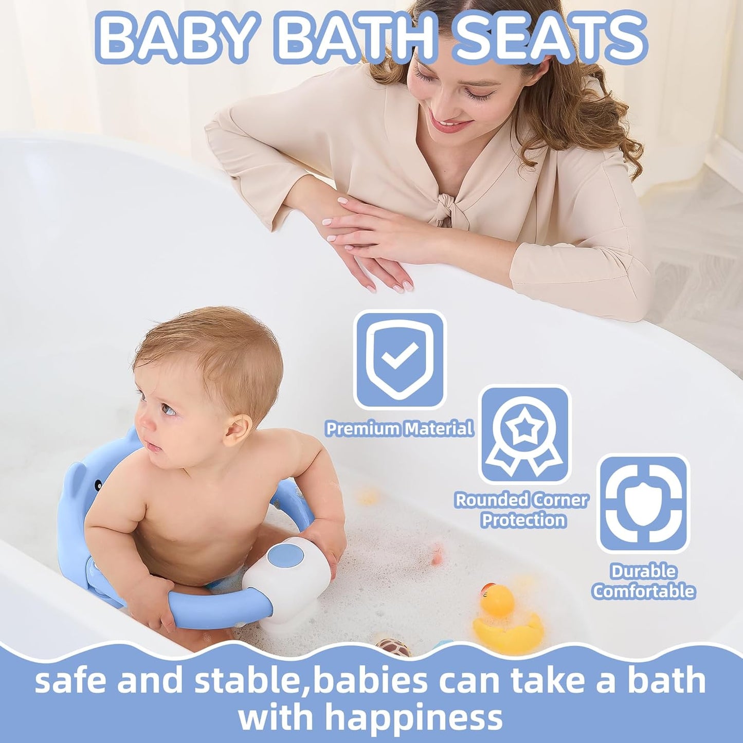 Baby Bath Seat for Babies 6 Months & up, Non-Slip Toddler Bath Seats for Babies Sitting Up, Safe Infant & Newborn Bathtub Chair with 4 Suction Cups & Soft Cushion for Shower,Blue