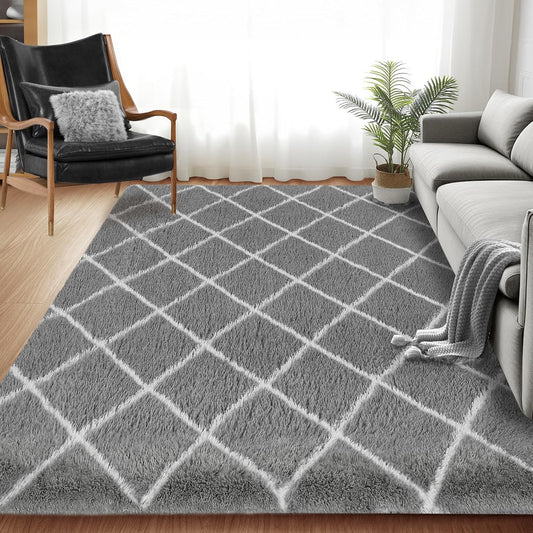 Fluffy Rug for Bedroom, 4X6Feet Super Soft Rug, Stripe Checkered Anti-Skid High Pile for Living Room Bedroom Kids Room Nursery, Dorm Home Decor