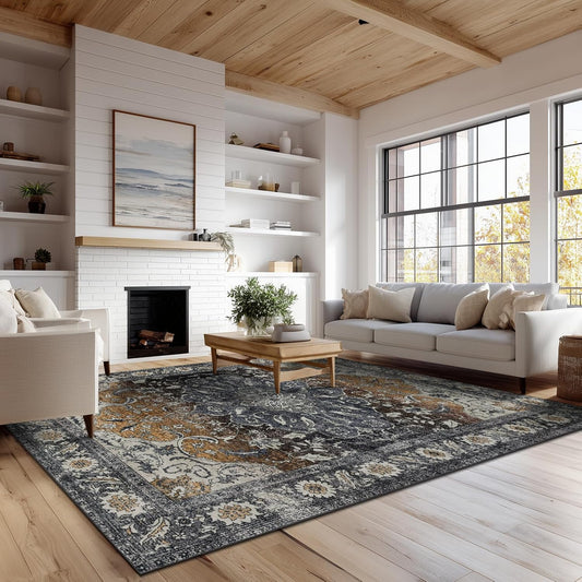 Washable Rugs 5x7 Area Rugs for Living Room, Thin Carpet for Bedroom, Soft Faux Wool Retro Dining Room Rug，Non Slip&Non-Shedding Resistant Low Pile Vintage Print Rug for Home Office (Tan/Gray)