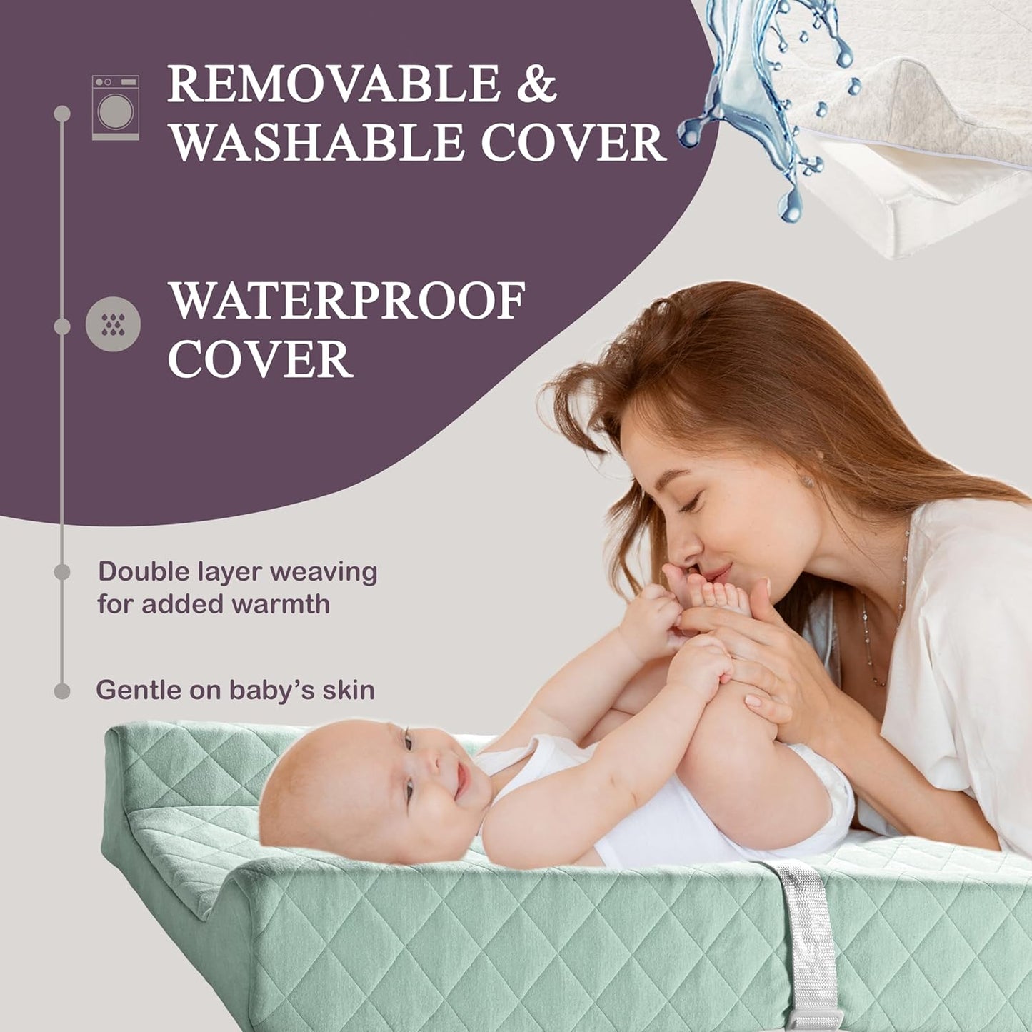 Organic Cotton Contoured Baby Changing Pad w/Waterproof Foam Mattress, Includes Soft, Removable & Washable Cover, Safety Strap, Non-Slip Bottom, Topper for Standard Size Infant Diaper Table & Dresser