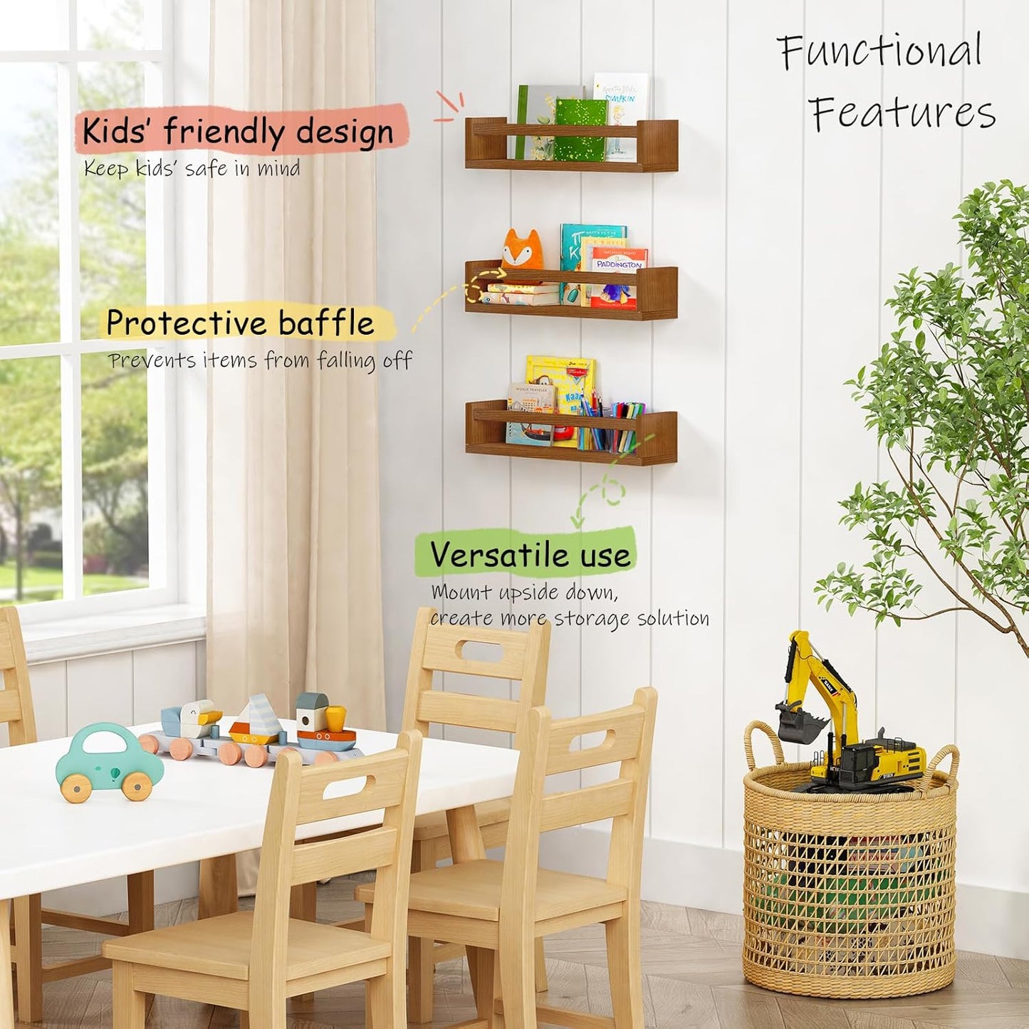 Walnut Brown Nursery Book Shelves Wall Mounted, Wooden Floating Bookshelf for Kids Room Bedroom, Dark Wood Nursery Bookshelves for Kitchen Classroom Playroom (Solid Pine, 3-Pack)