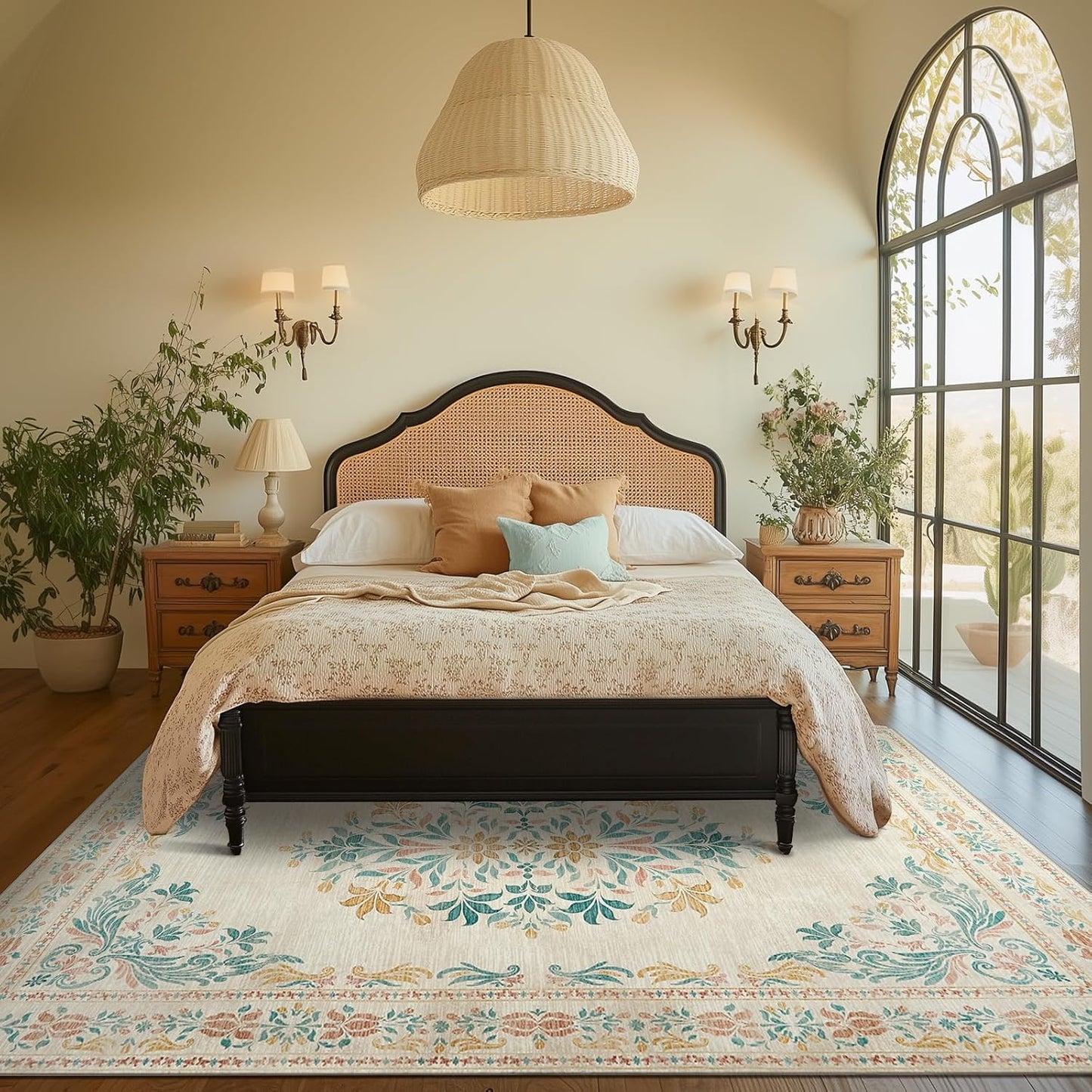 jinchan Vintage Floral 8x10 Area Rugs for Living Room - Machine Washable Distressed Design Soft Throw Rug Thin Non-Slip Large Carpet for Bedroom Nursery Dining Room Home Office(8x10ft,Apricot)