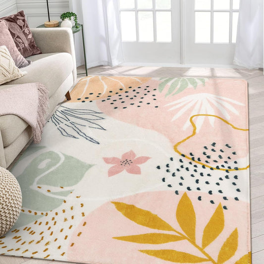 Lahome Pink Rug for Living Room - 5x7 Area Rug Washable Non-Slip Boho Rugs for Bedroom Throw Cute Soft Kids Nursery Rug, Abstract Botanical Print Carpet for Classroom Dorm Entryway Office Dining Room