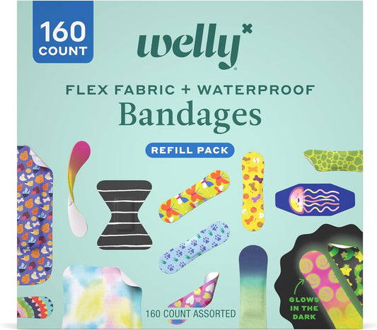 Welly Bandage Large Refill Pack | Adhesive Flexible Fabric, Glow-in-The-Dark & Waterproof Bandages | Assorted Shapes and Patterns for Minor Cuts, Scrapes, and Wounds - 160 Count