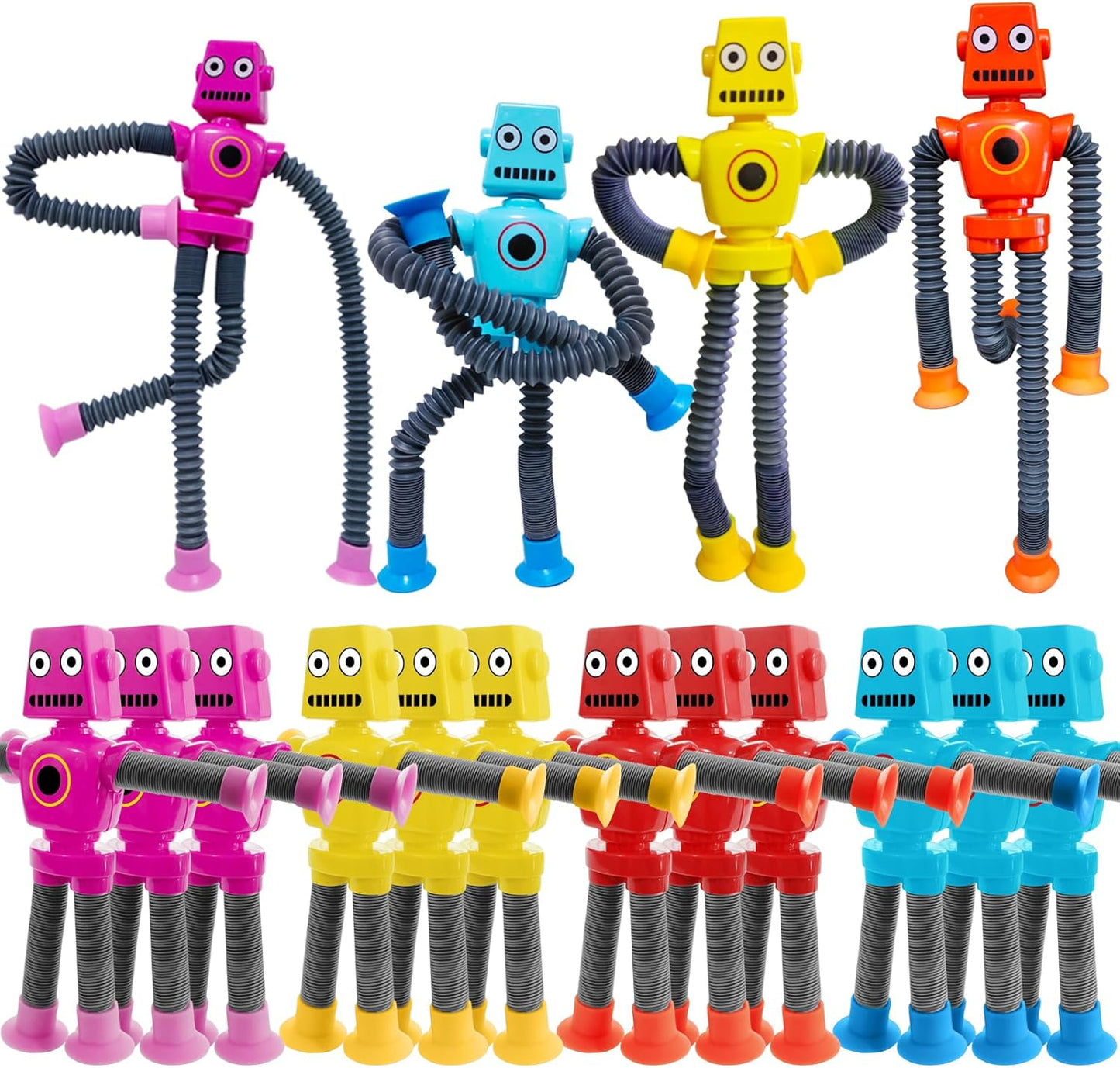 16 PCS Suction Cup Robot Toy,Shape Changing Telescopic Pop Tubes Autism Sensory Toy Kids Girls Boys Toddlers Adult,Funny Robot Action Figure Bendable Fidget Toy Gift Birthday Party Favors Christmas