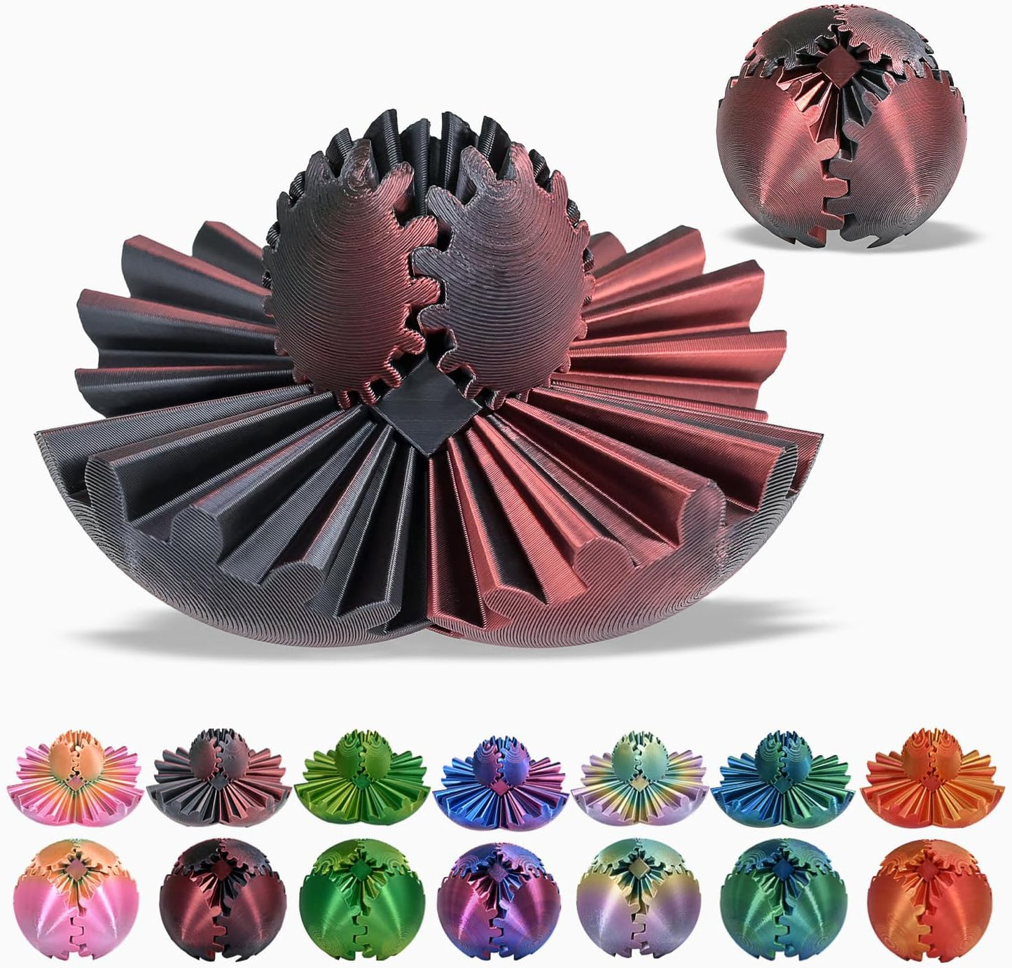 3D Printed Gear Ball, Gear Sphere Fidget Toy Stress Relif Toy for ADHD, Anxiety Relaxing Toy for Adults at Work/Study/Travel, Red-Black