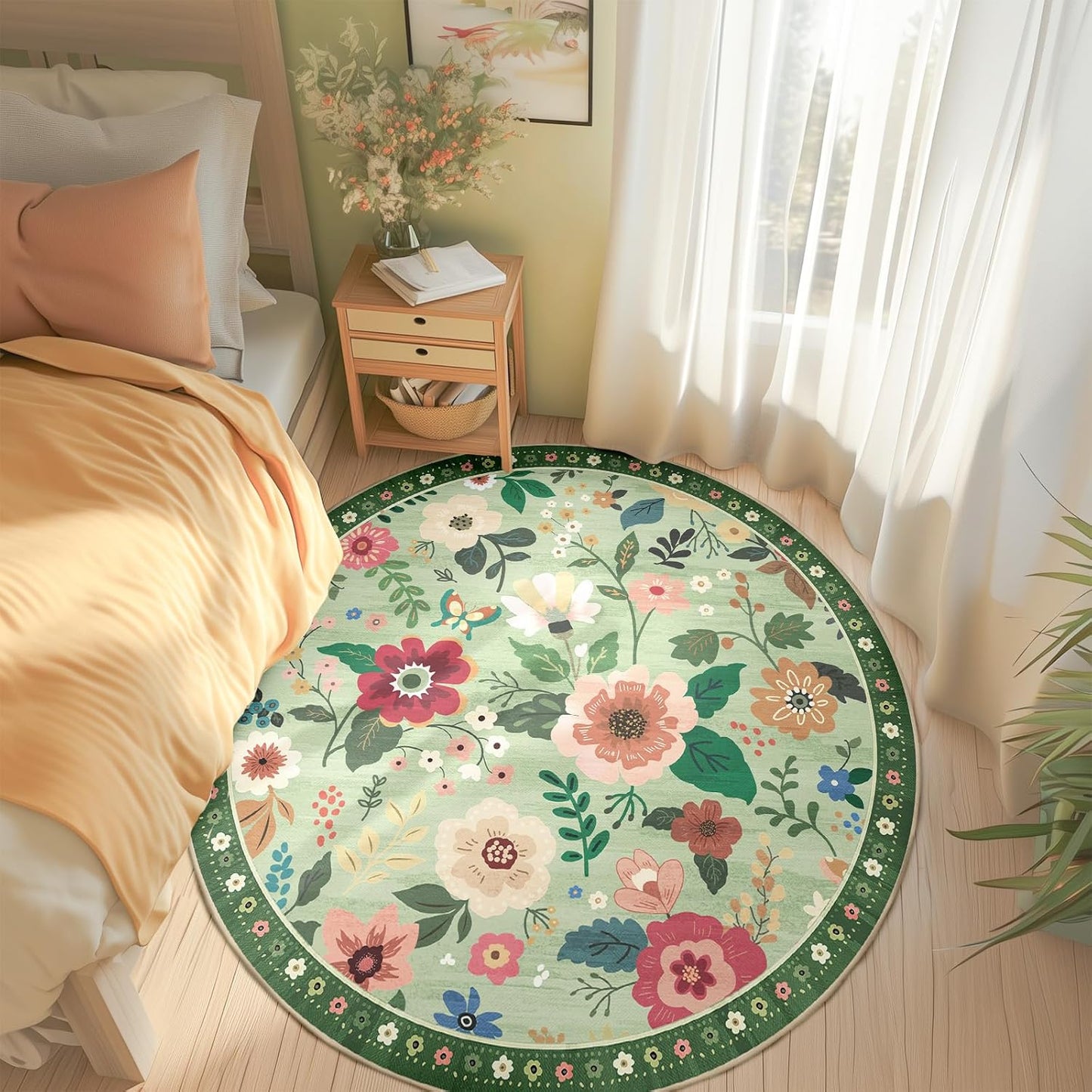 Floral 4ft Area Rug Machine Washable Soft Print Boho Carpet Non Slip Doormat Low Pile Flower Area Rugs for Living Room Bedroom Nursery Kitchen Dining Room Indoor-Light Green