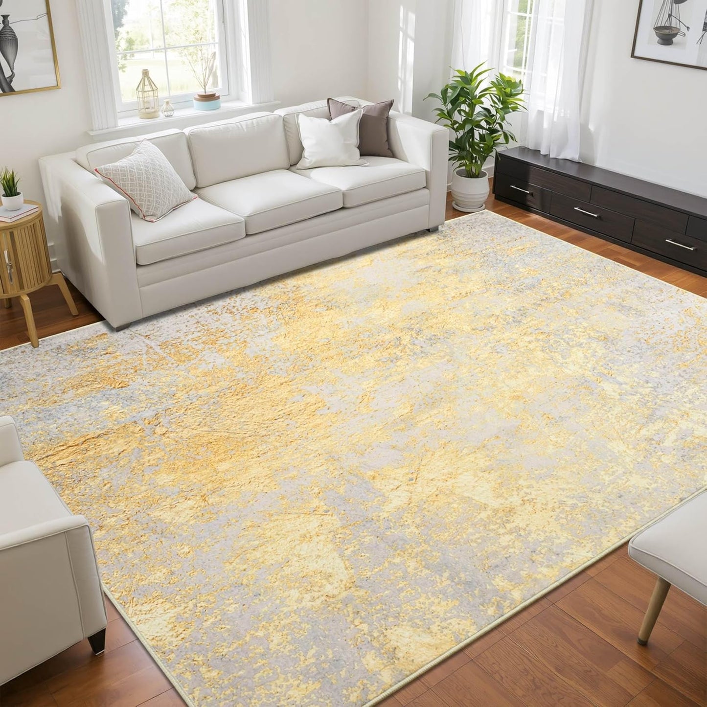 Living Room Rugs 6x9 Gold Washable Area Rug, Abstract Modern Bedroom Rugs Non Slip Stain Resistant Neutral Large Carpet for Nursery, Dining, Kids Playroom, Dining Room, Office