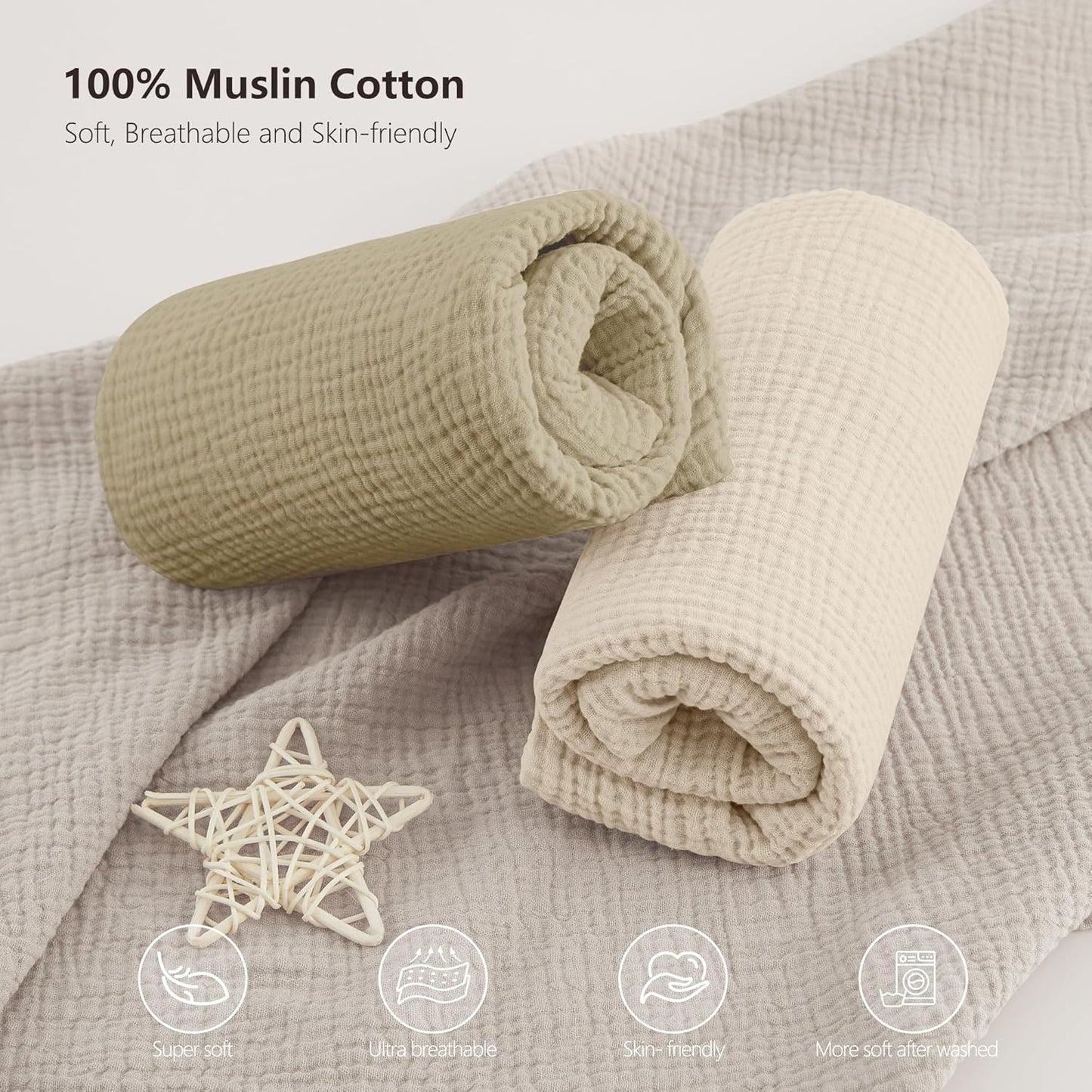 Bearmoss Muslin Crib Sheets 100% Cotton Baby Crib Sheets Fitted for Standard Crib Mattress & Toddler Bed Mattress 52"x28" Soft Breathable Crib Sheet Neutral for Boys Girls - 2 Pack (Oat Latte)