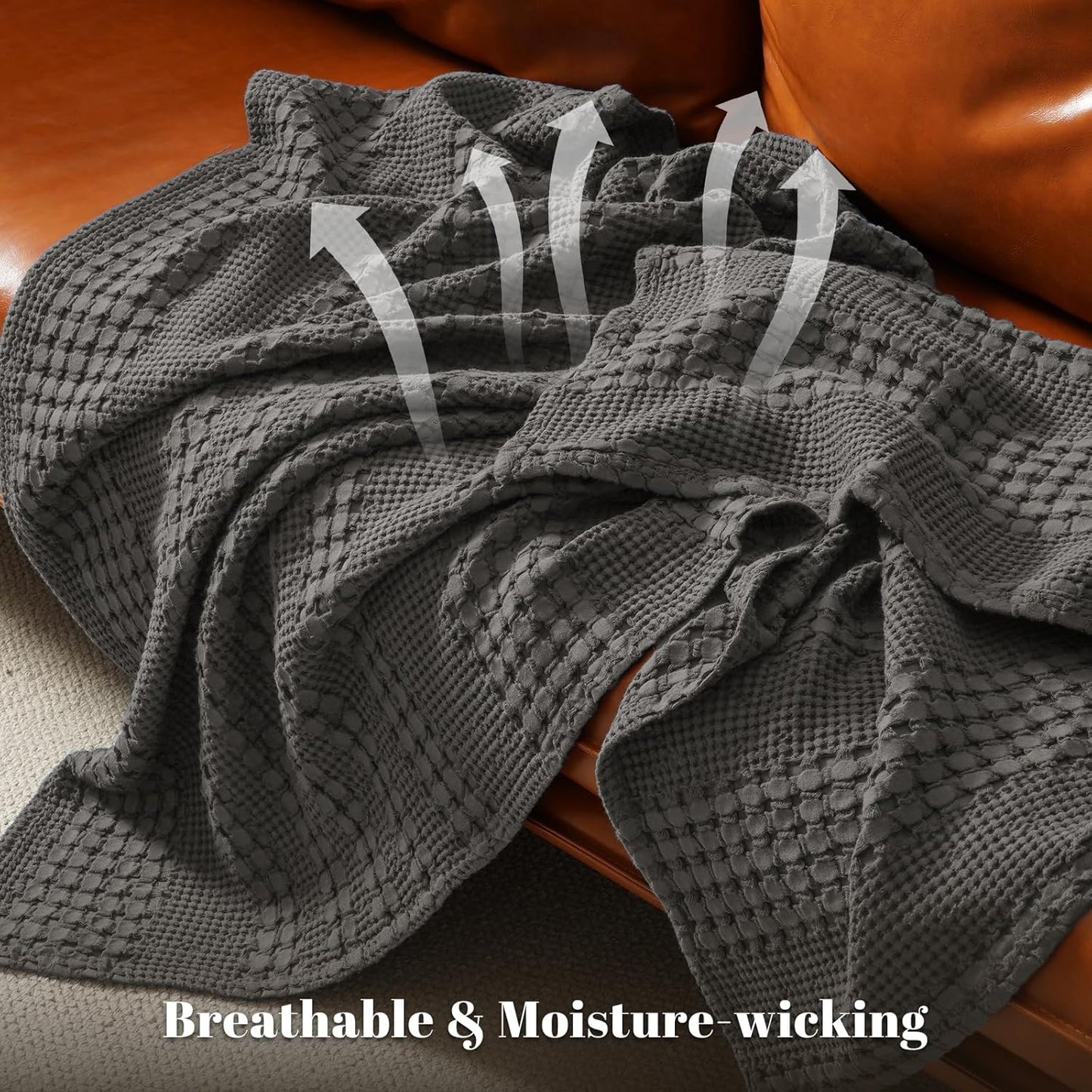 PHF 100% Cotton Waffle Weave Throw Blanket, Soft Lightweight Breathable Cozy Summer Throws for Couch Bed Sofa, Luxury Aesthetic Woven Blanket for Home Decor & Office, 50"x60", Charcoal Grey