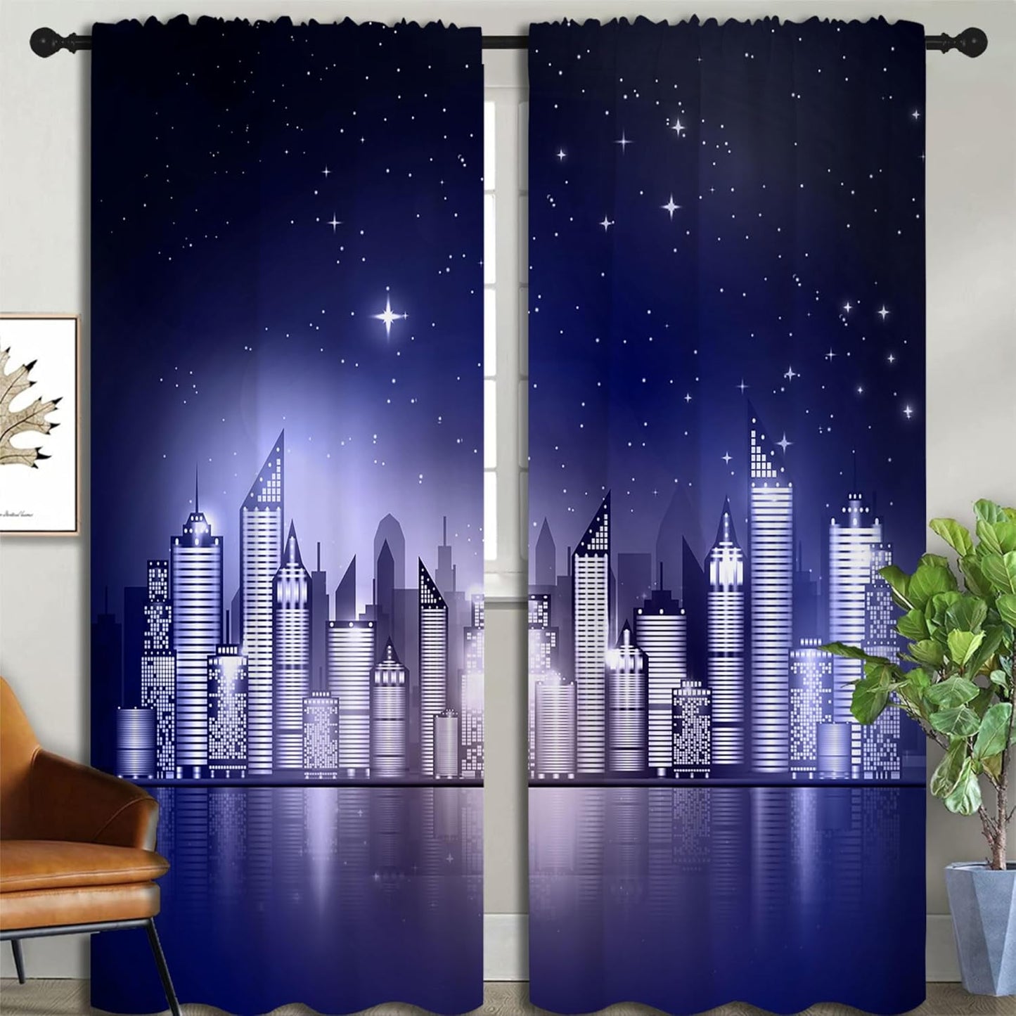 City Rod Pocket Blackout Curtains for Boy Girl Bedroom, New York Skyline Modern City Starry Sky Night View Home Energy Efficient Light Filtering Window Curtain for Living Room, 84x63 inch