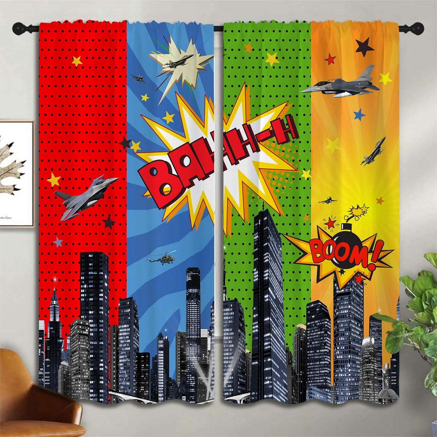Superhero Rod Pocket Blackout Curtains for Boy Girl Bedroom, City War Explosion Comics Art Home Energy Efficient Light Filtering Window Curtain for Living Room, 63x63 inch