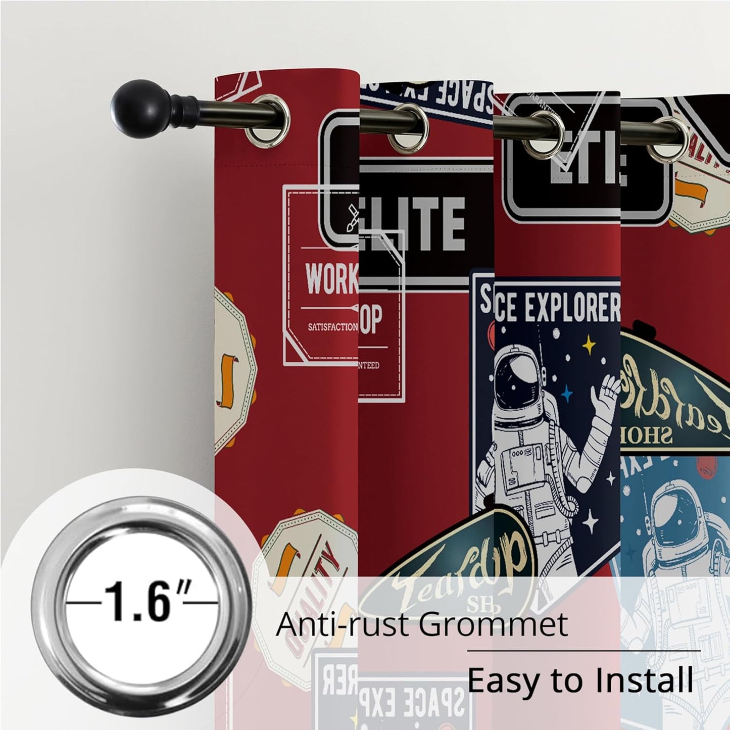 Kids Space Astronaut Blackout Curtains - 100% Blackout, Thermal Insulated, Noise Reducing, Perfect for Kids Room and Nersury, 2 Panels (Space Badge Crew, W52×L84)